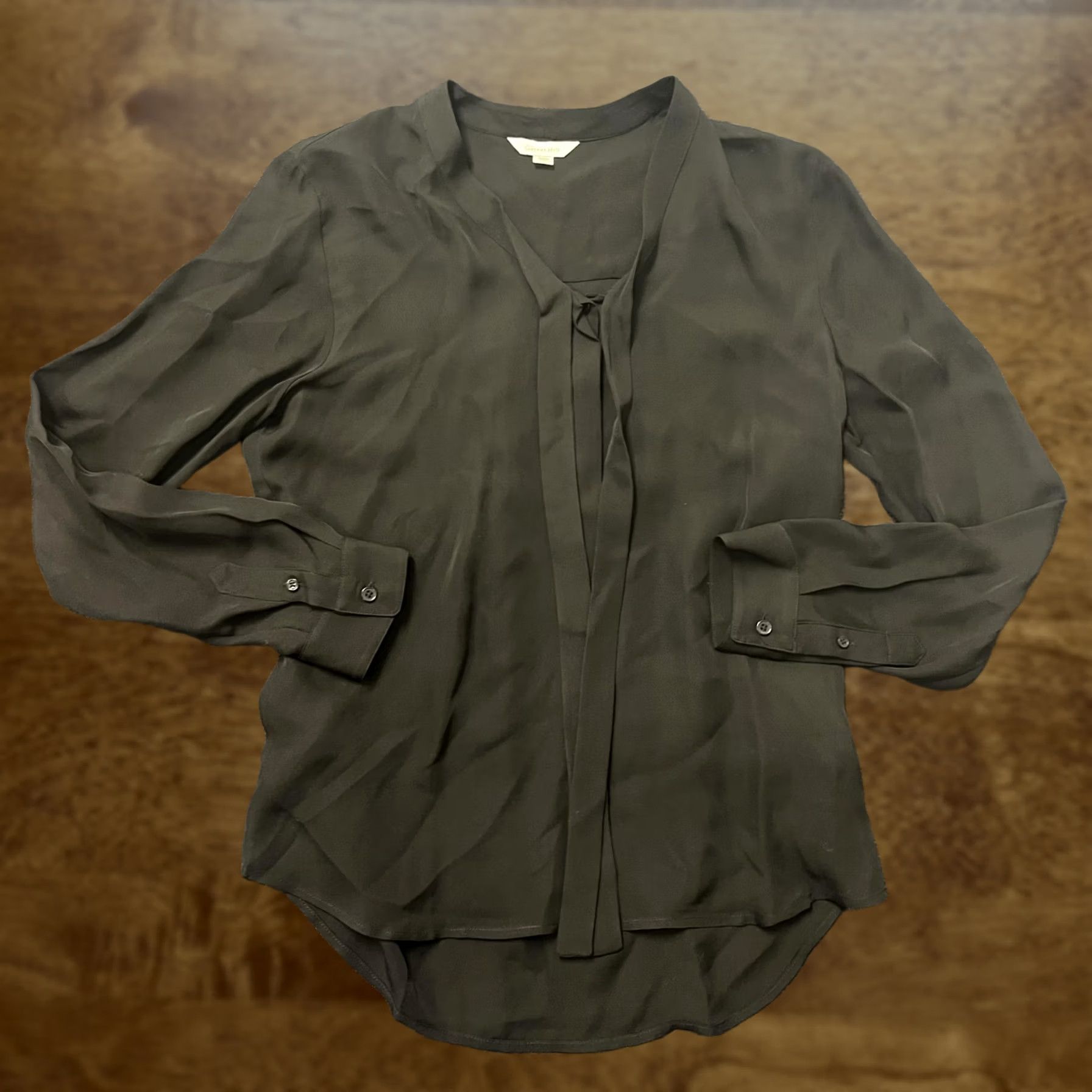 Vintage Garnet Hill Blouse Womens 8 Green Silk V-Neck Tie Front Long Sleeve Tunic Top Size M / US 6-8 / IT 42-44 - 1 Thumbnail