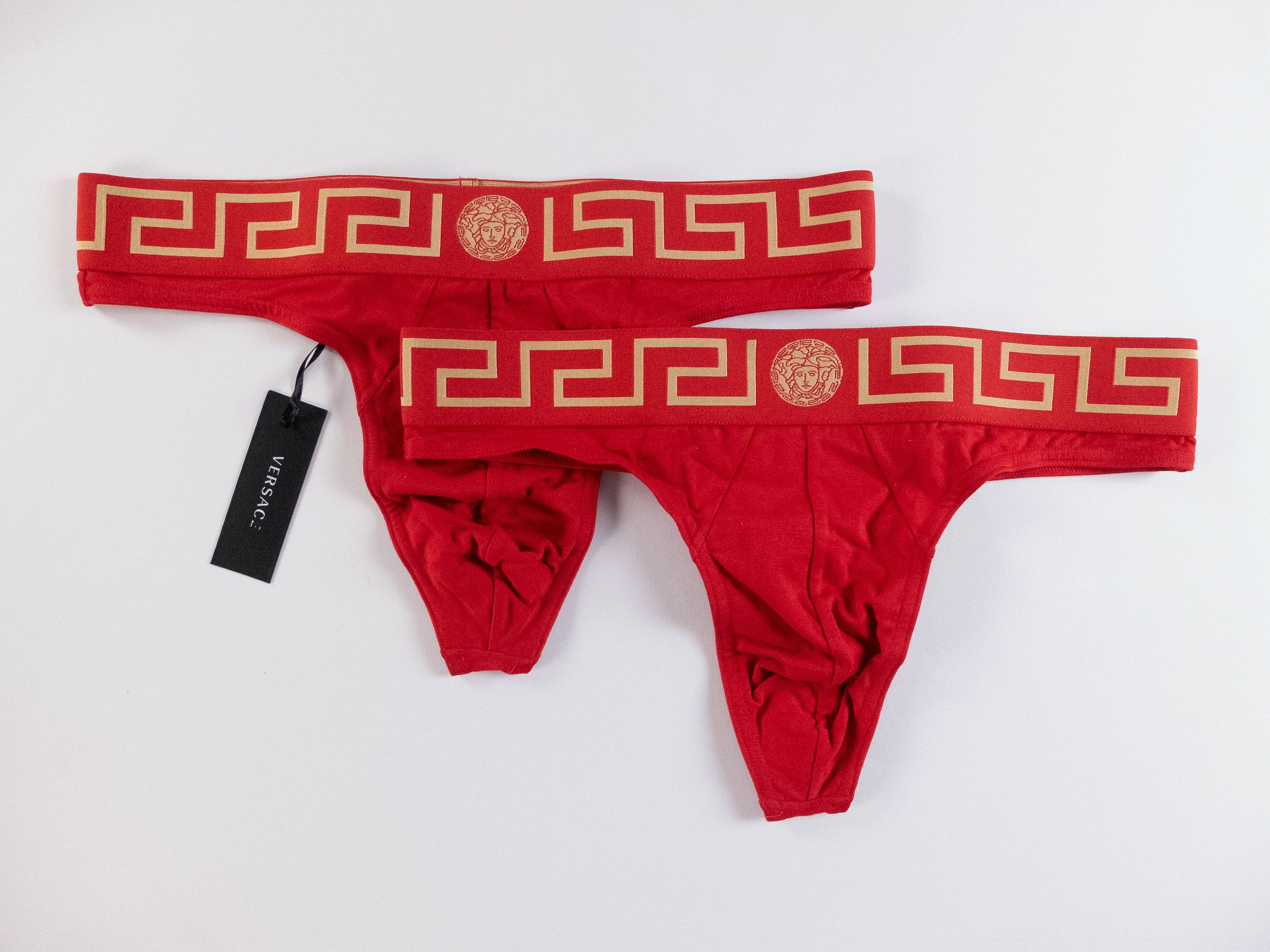3 pairs VERSACE red thong w Greca Medusa waistband 6 / Large