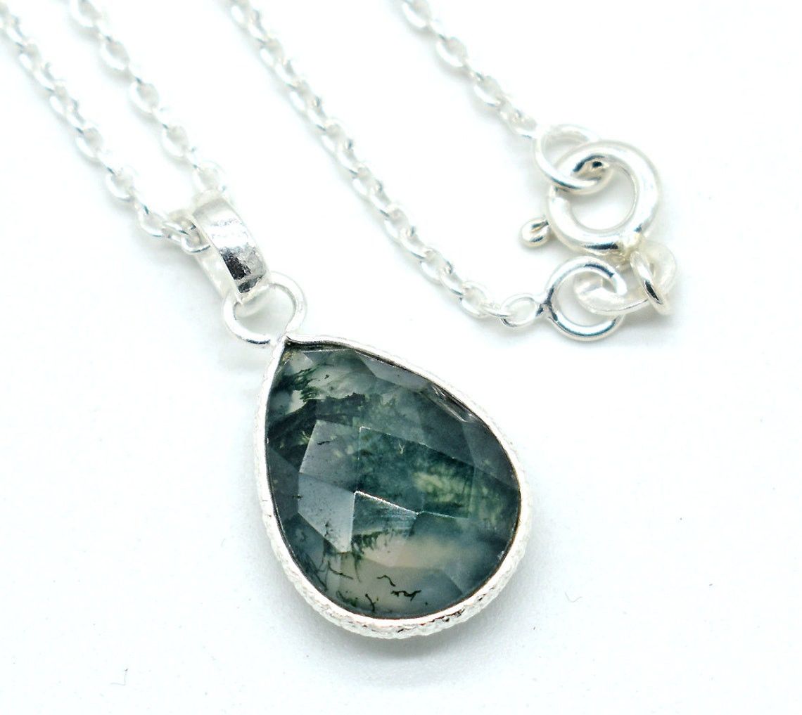 Handmade Teardrop Moss Agate Necklace 925 Sterling Silver, 18 Inch Size ONE SIZE - 4 Thumbnail