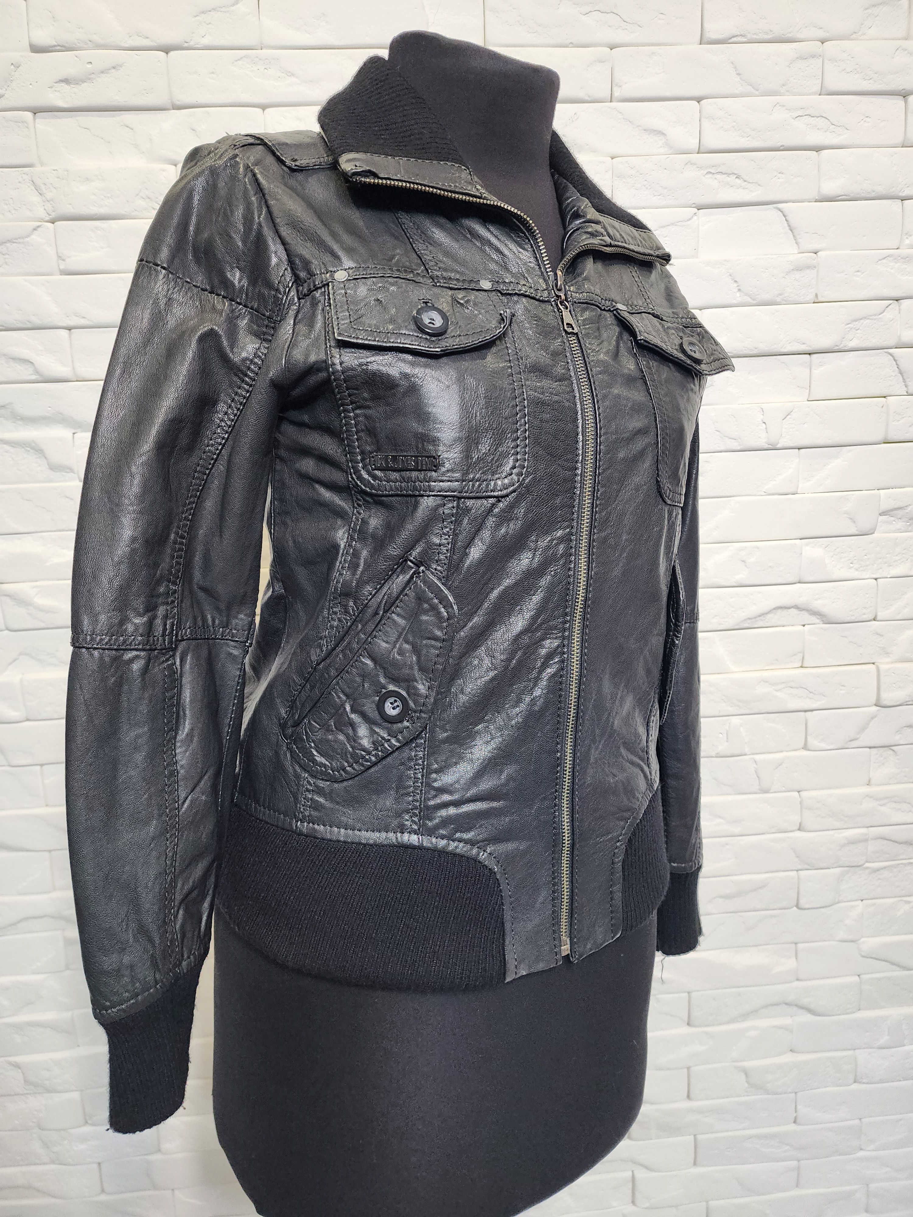 Jack & Jones Black Leather Jacket: Women's Metal Zipper Bomber Size S / US 4 / IT 40 - 6 Thumbnail
