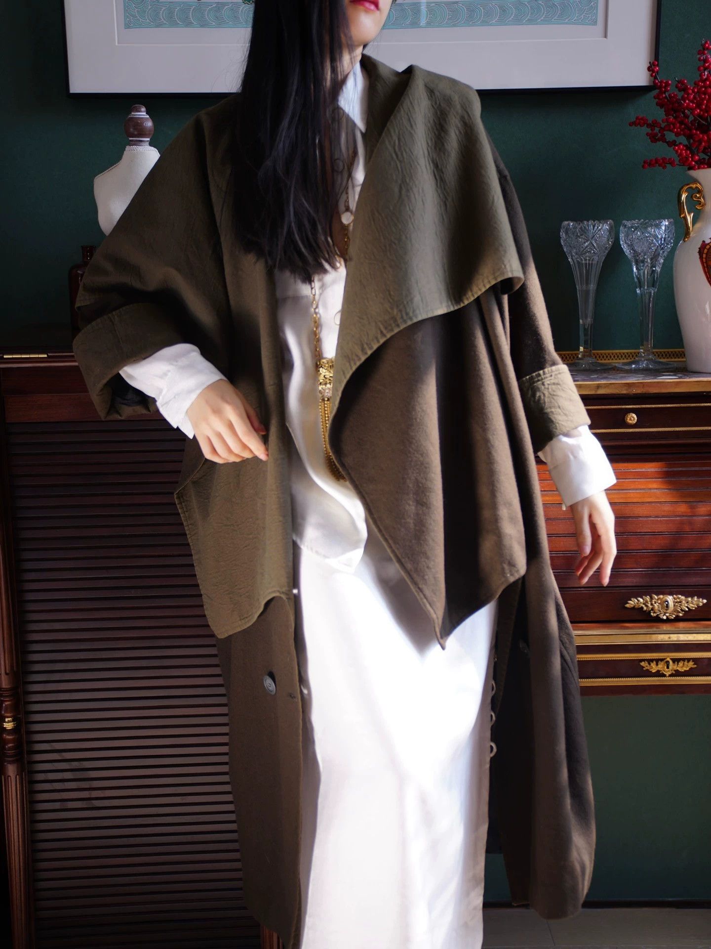 Vintage Vintage Military Green Wool Oversized Robe Unisex Lined Size ONE SIZE - 2 Thumbnail