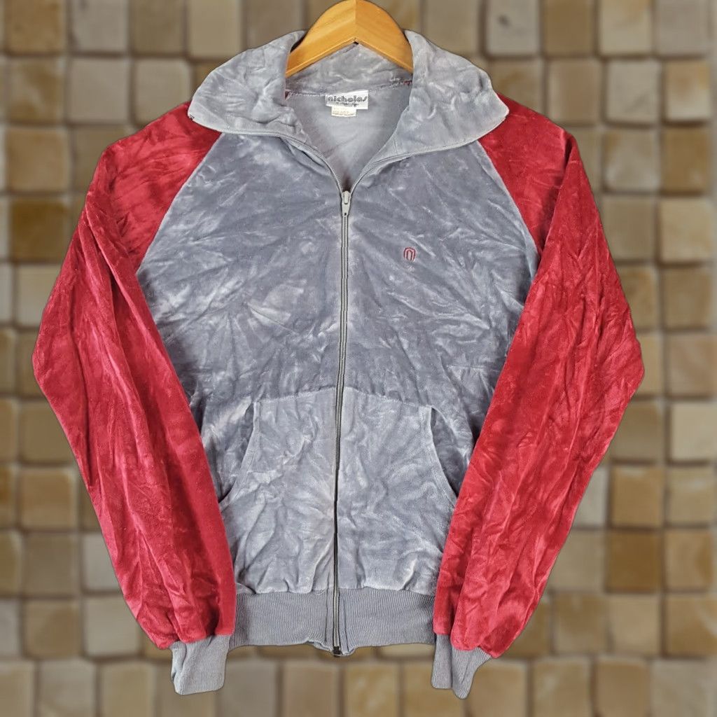 NICHOLAS VINTAGE Nicholas Velour Tracksuit Track Jacket Mens S Red 80s Windbreaker Zip Full Zip Embroidered Logo Pockets Athletic Retro Size US 29 - 1 Thumbnail