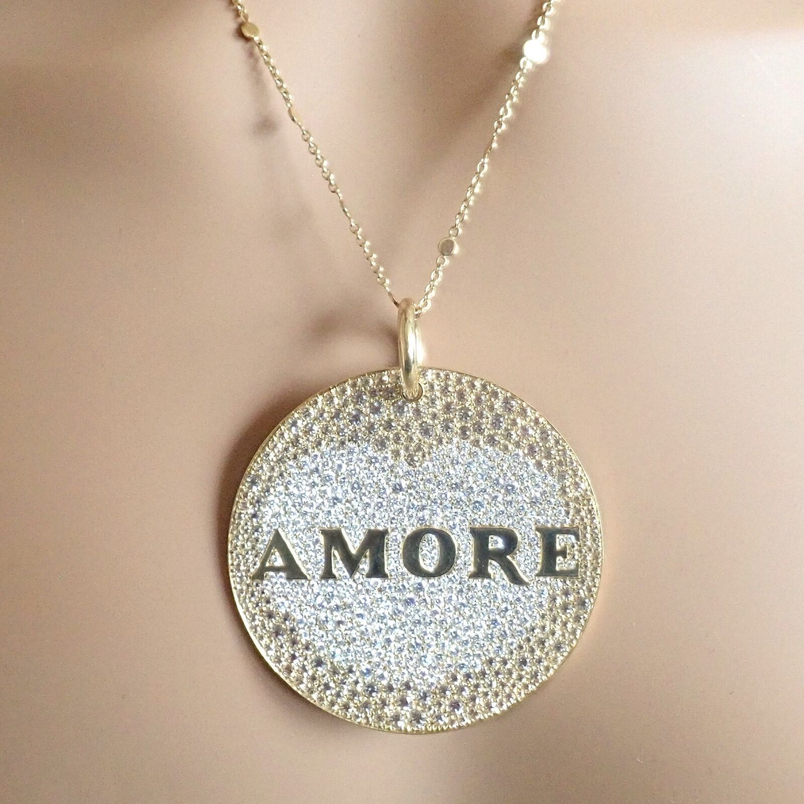 Yellow Gold Large Diamond + Sapp Amore Pendant Necklace