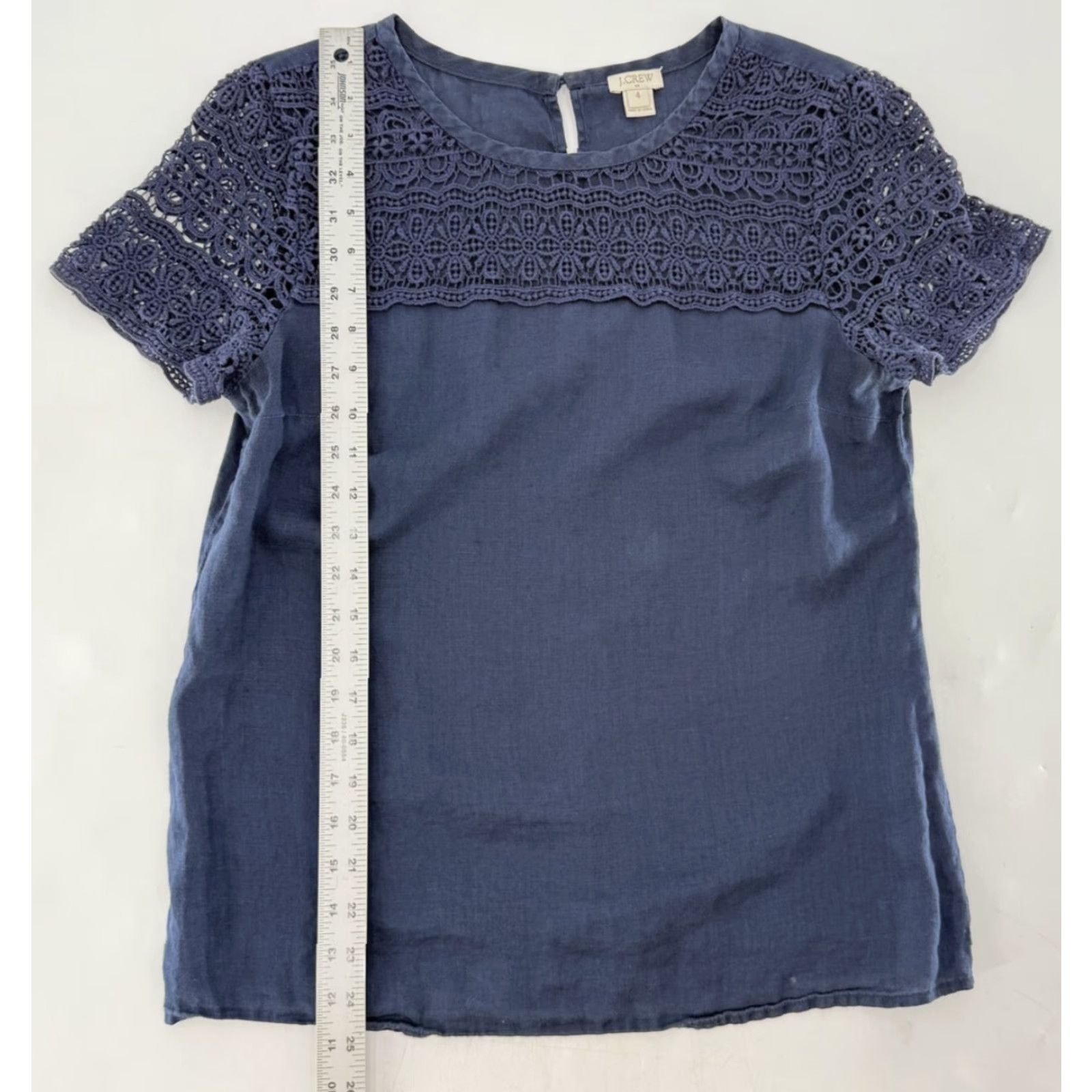 J.Crew VINTAGE? No — J.Crew Factory Navy Blue Crochet Lace Yoke Linen Short Sleeve Blouse Sz 4 Boho Size S / US 4 / IT 40 - 7 Thumbnail