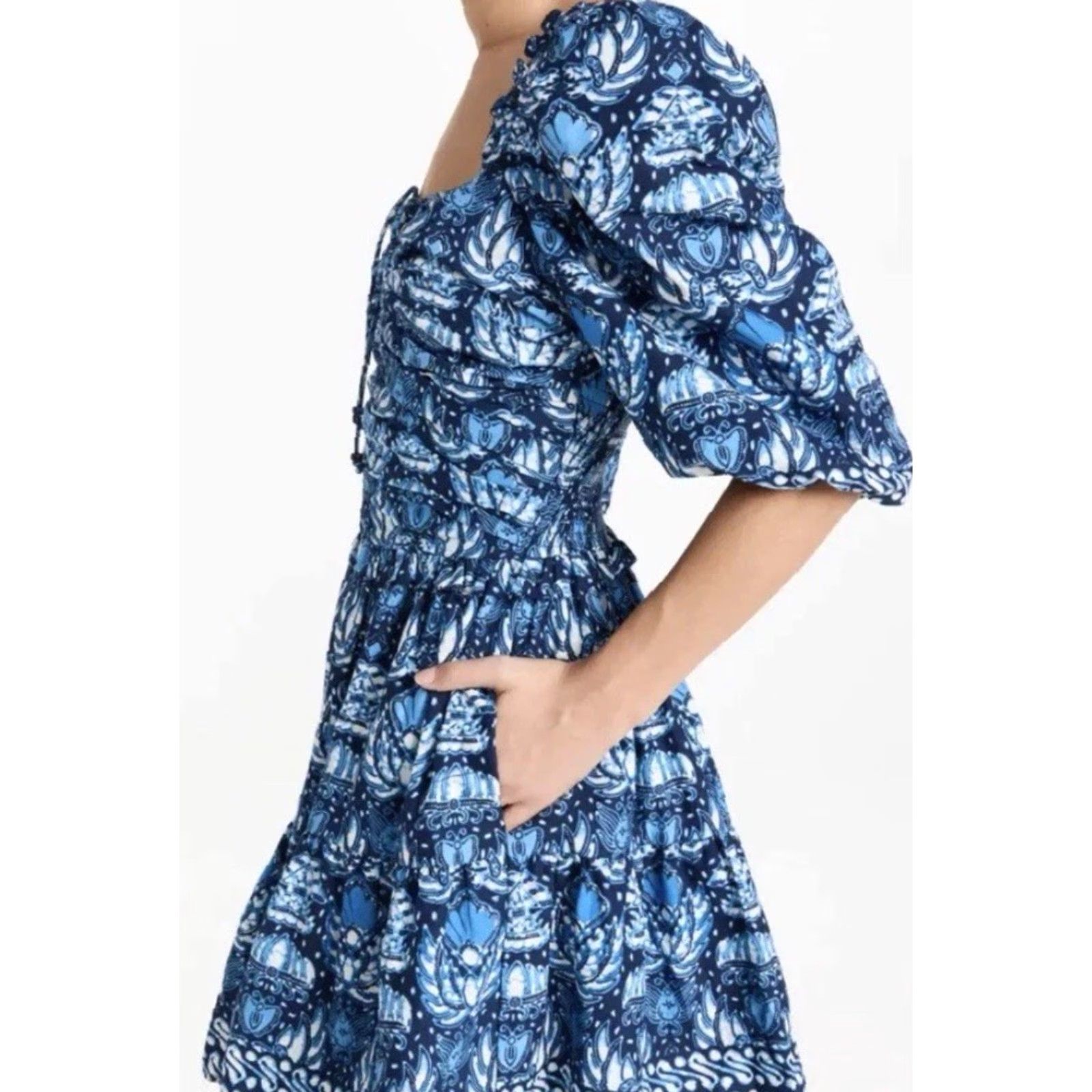 Vintage Love the Label Anthropologie Puff Sleeve Cassie Mini Dress Blue S Ladies, Floral, Cotton, Short, Square Neck, Smocked, Spring Summer, Womens Size S / US 4 / IT 40 - 2 Thumbnail