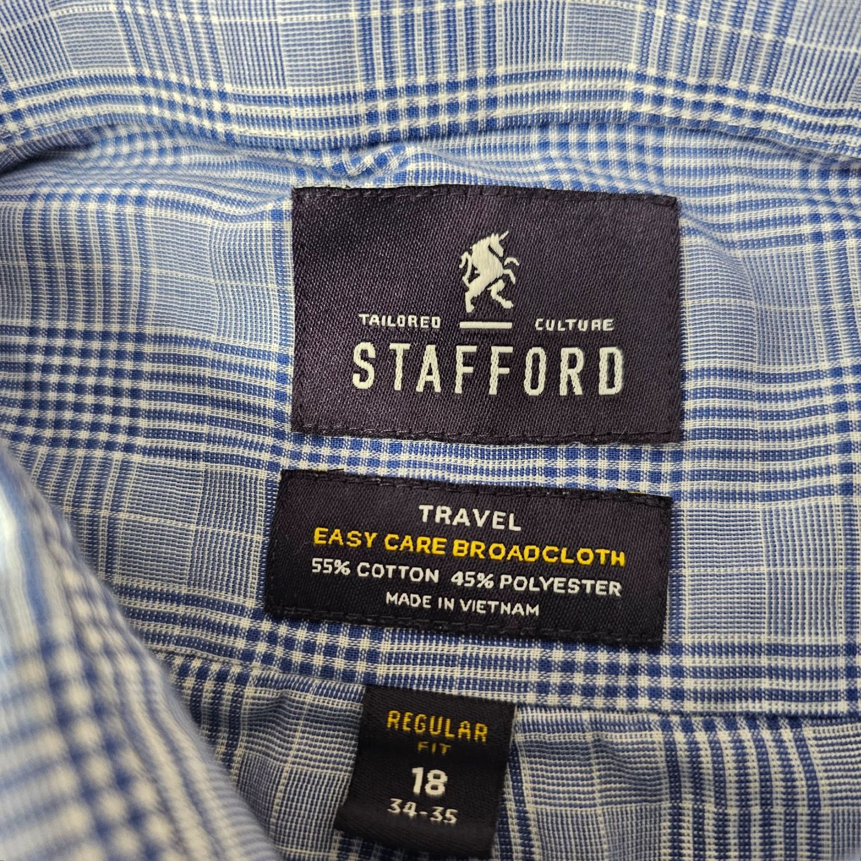 Stafford Stafford Dress Shirt Men's 18 34/35 Blue Check Travel Broadcloth Long Sleeve Shirt Size 48R - 4 Thumbnail