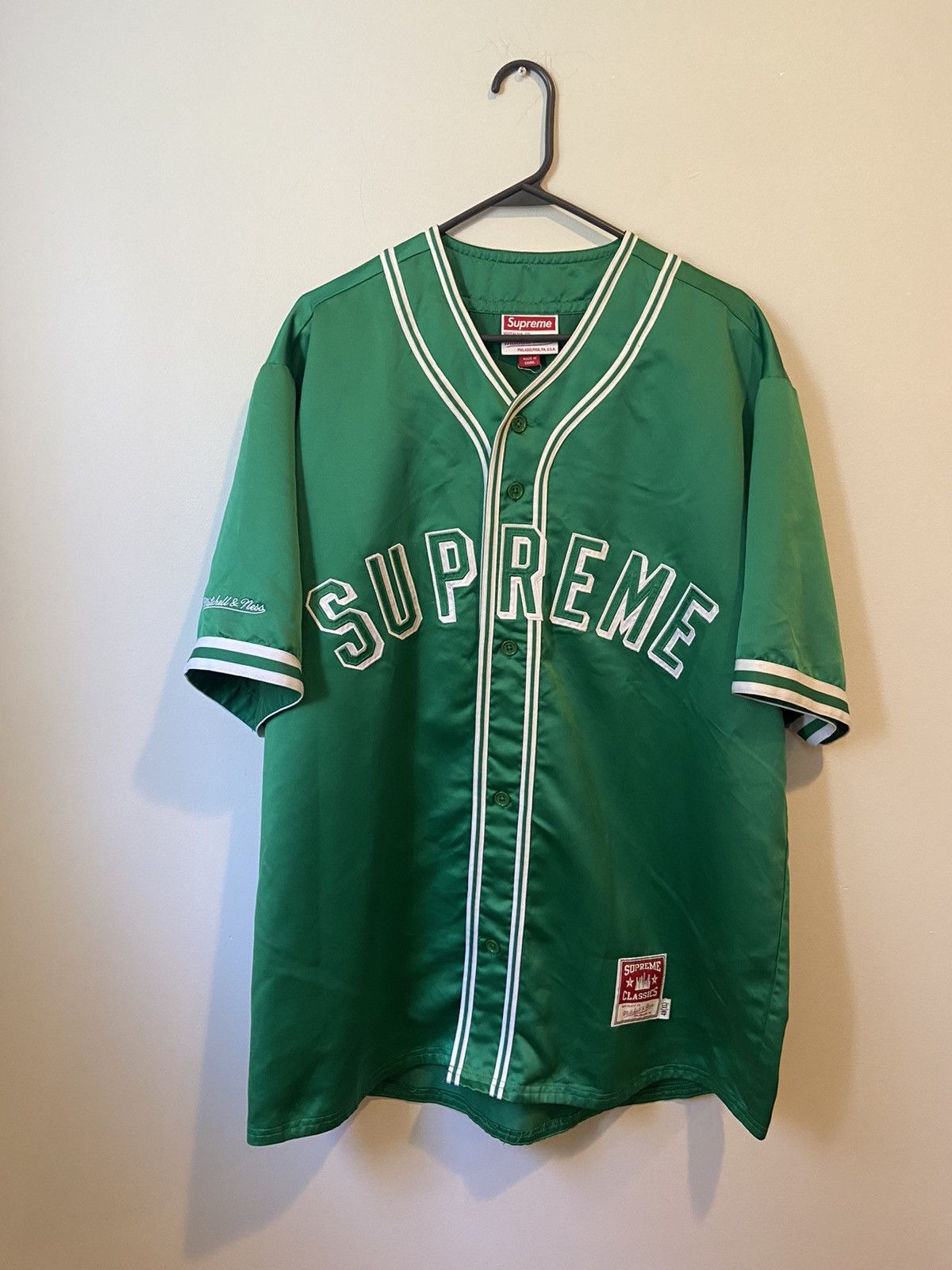 Image of Mitchell Ness x Supreme Mitchell & Ness Satin Baseball Jersey Ss23 in Green, Men's (Size XL)