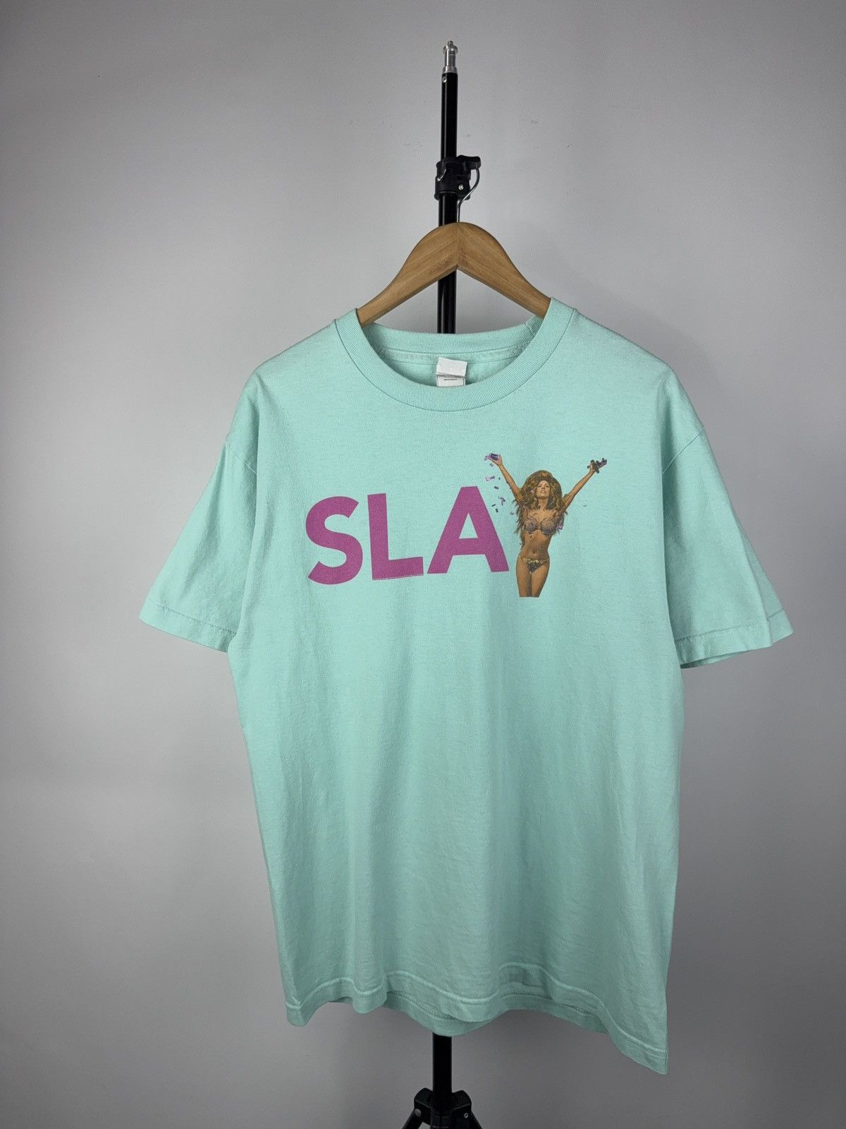 Rare 00s SLAY Tee Pop Diva Madonna Style Y2K Aqua Graphic L