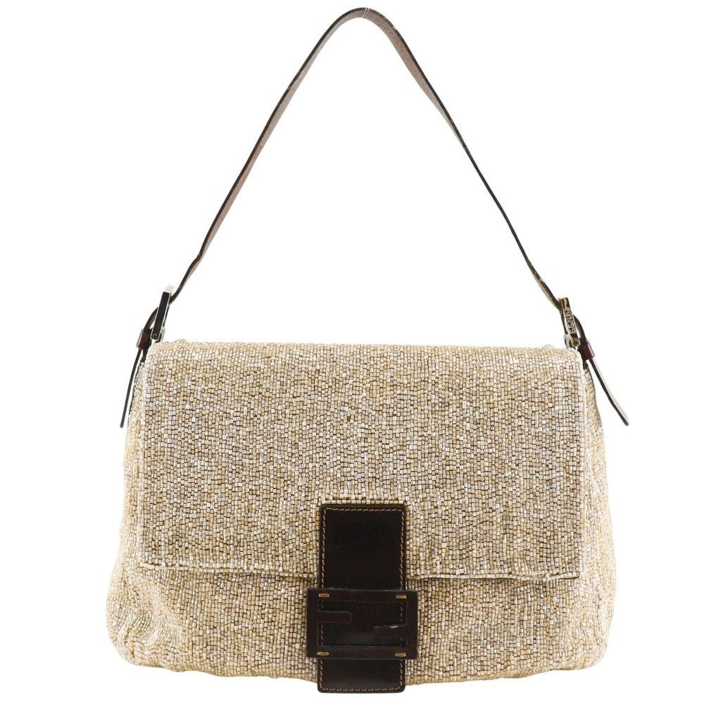 Fendi Fendi Mamma Baguette Leather Beads Shoulder Bag Leather Shoulder Bag 2454/26325/003 in Beige, Women's