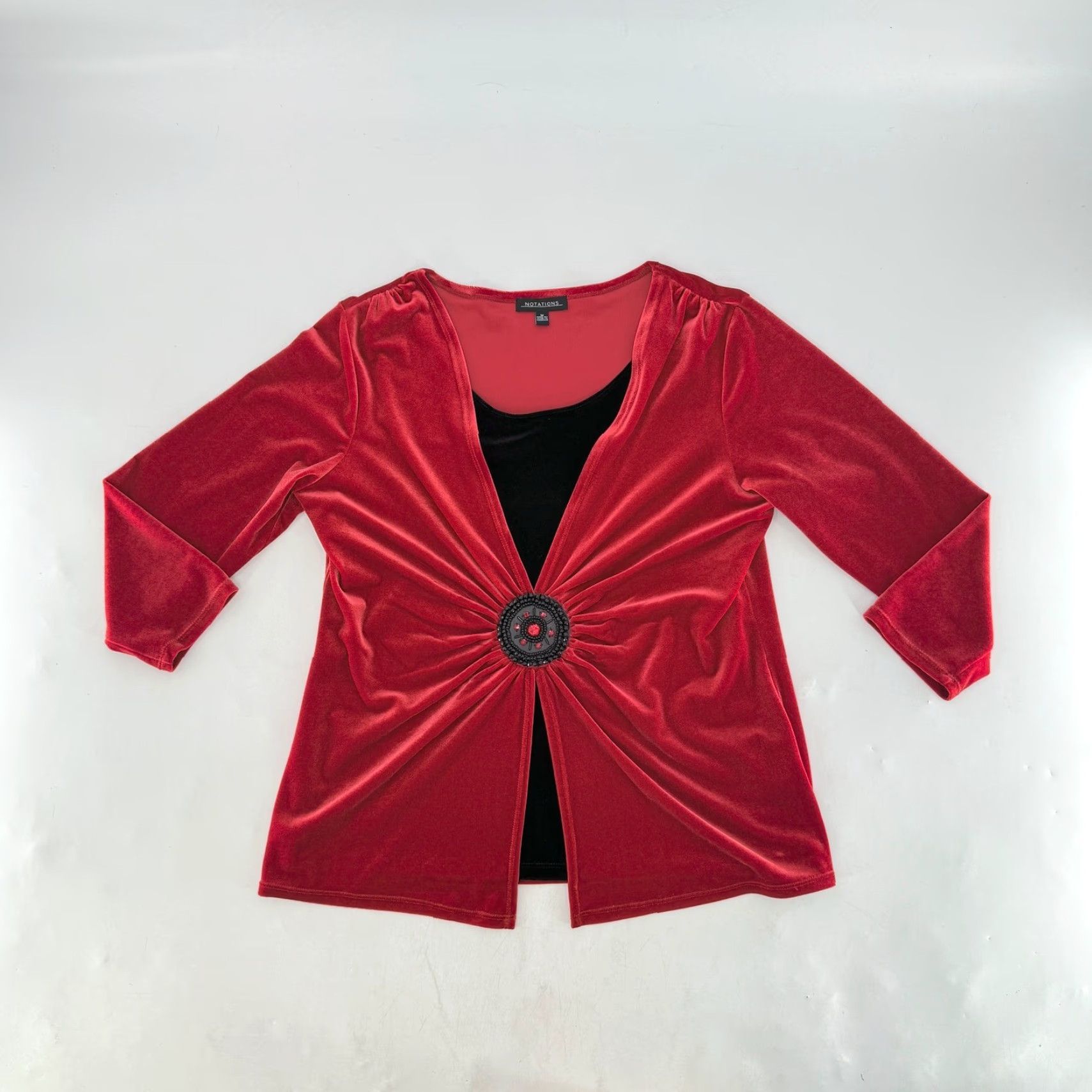 Vintage NOTATIONS Red Velvet 3/4 Sleeve V-Neck Top Blouse Women M Dressy Beaded Buckle Embellished Stretch Tunic Size M / US 6-8 / IT 42-44 - 4 Thumbnail