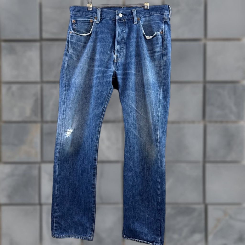 Levi's Levi's 501 Jeans Mens 34x32 Blue Denim Button Fly Distressed Thrashed Faded Size US 34 / EU 50 - 1 Thumbnail