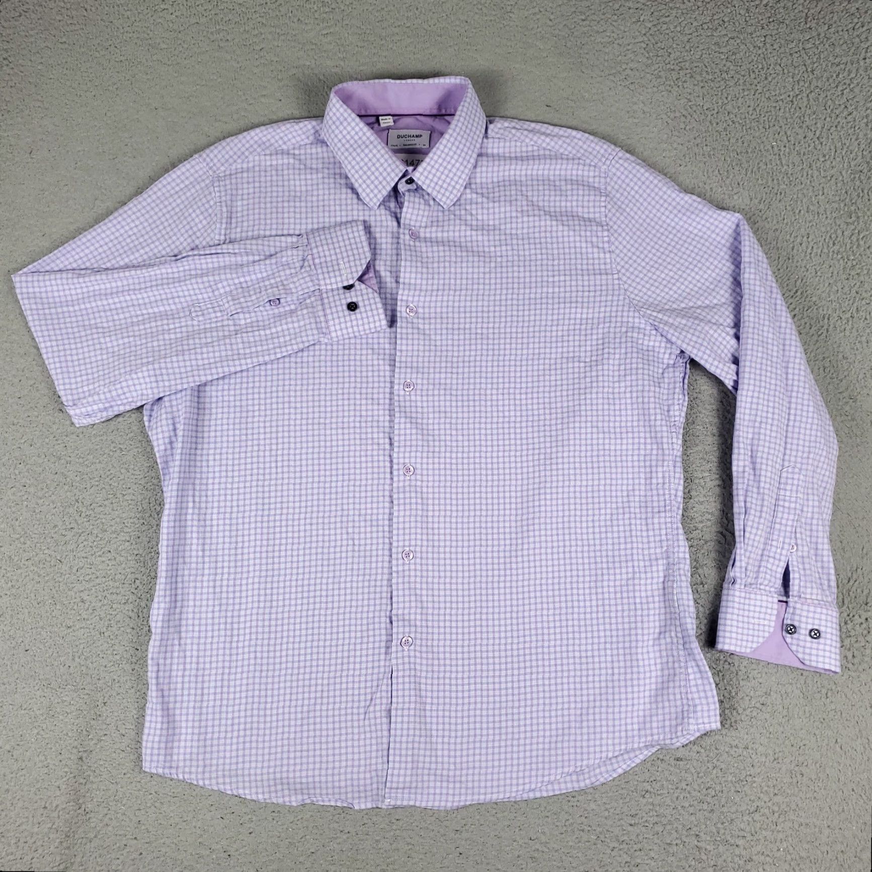 Vintage VINTAGE? No. Duchamp London Shirt Mens XL Purple Check Tailored Fit Dress Long Sleeve 17.5 Slim Button Front Collared Cuff Mens XL Purple Check Shirt Size 46R - 2 Thumbnail