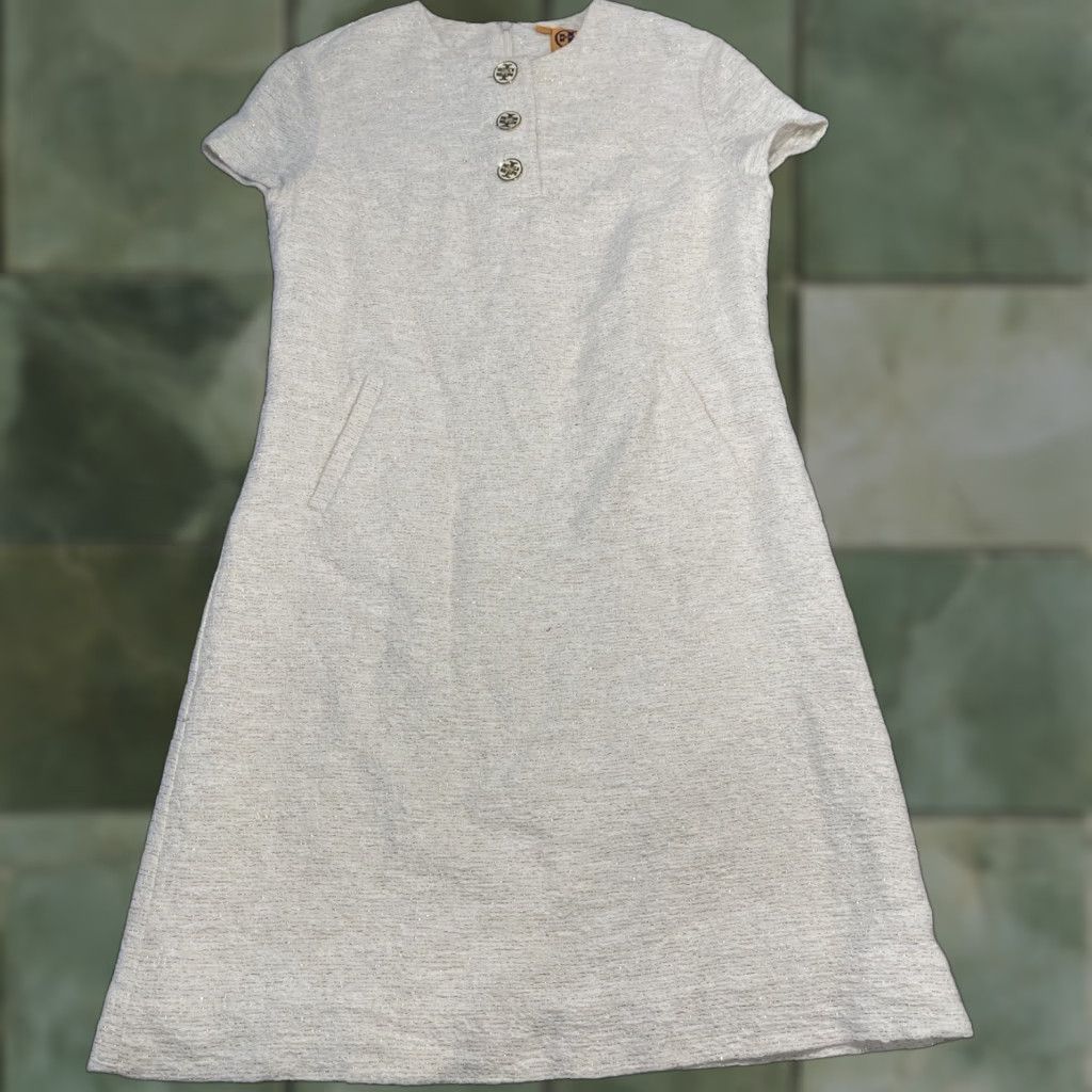 Tory Burch VINTAGE Tory Burch Cream Metallic Gold Threaded Tweed Dress Sz 4 Career Luxury Size S / US 4 / IT 40 - 1 Thumbnail