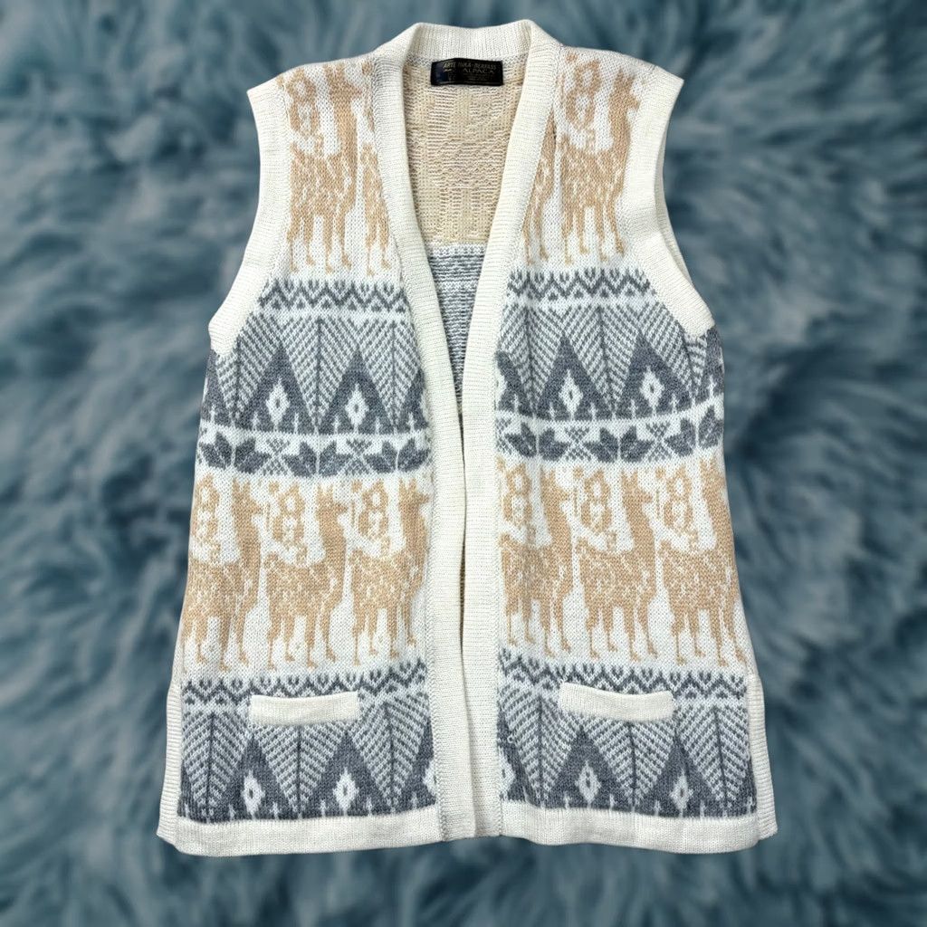 Vintage Arte Inka-Berfass Alpaca Wool Knit Vest Llama Peruvian Open Front Cream Grey Tan M Size M / US 6-8 / IT 42-44 - 1 Thumbnail
