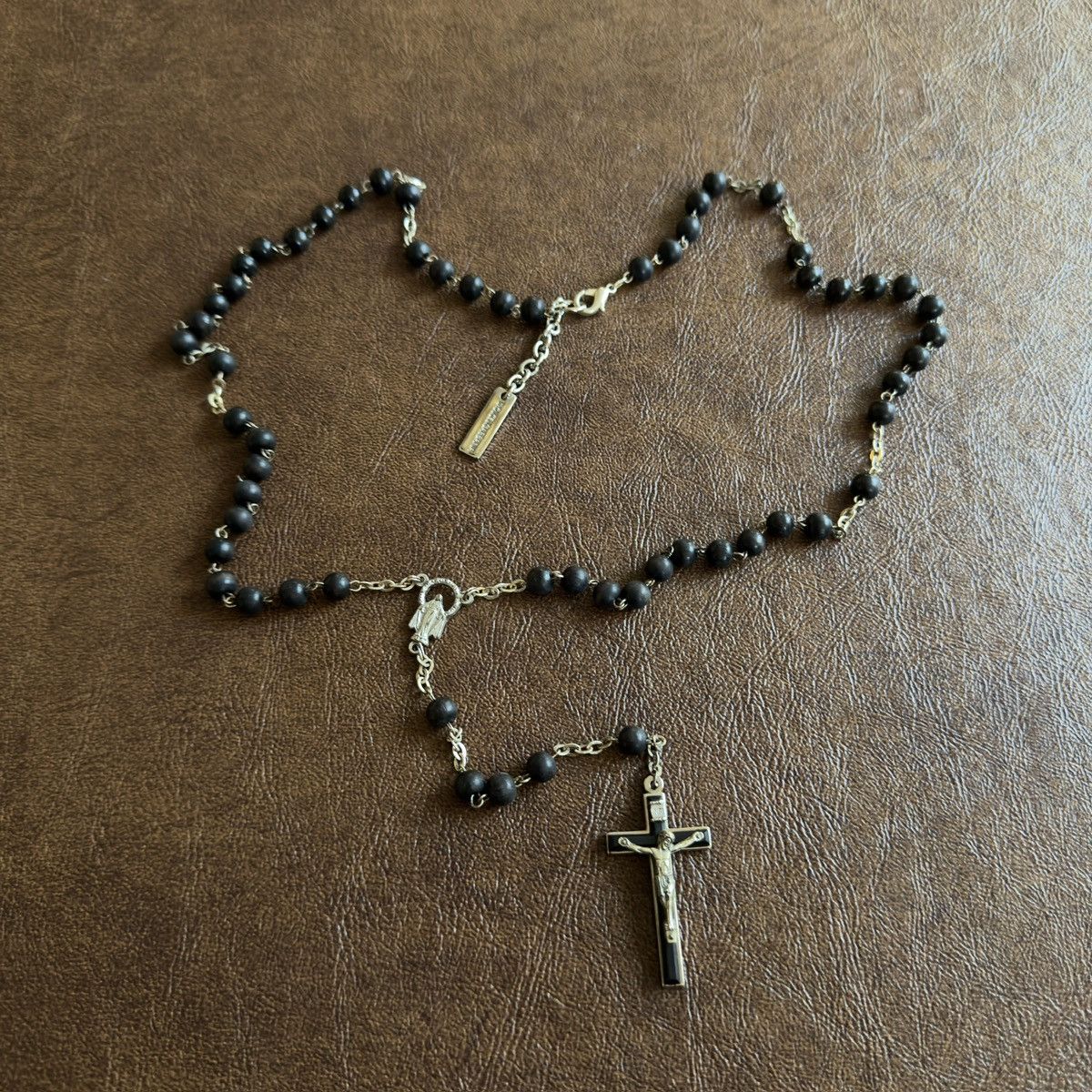 Black Bead Alloy Rosary Cross Necklace