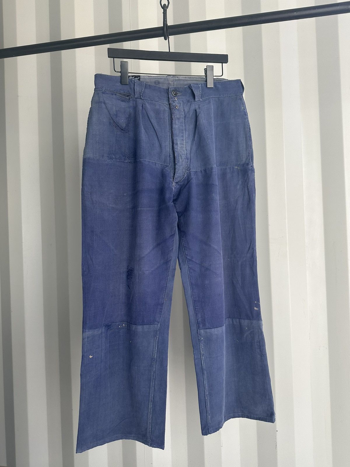 image of Vintage French Moleskin Chore Pants Workwear Distressed Sun Faded in Blue, Men's (Size 34)