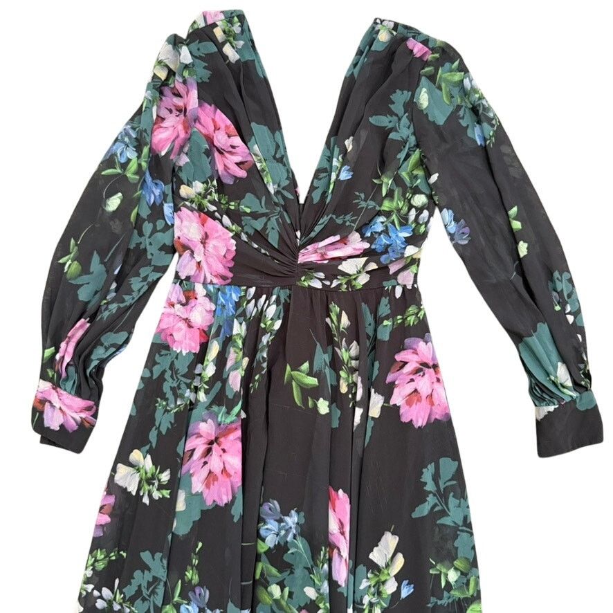 Badgley Mischka Badgley Mischka Floral Long Sleeve Pleated Gown, Size US 2 Size XS / US 0-2 / IT 36-38 - 6 Thumbnail