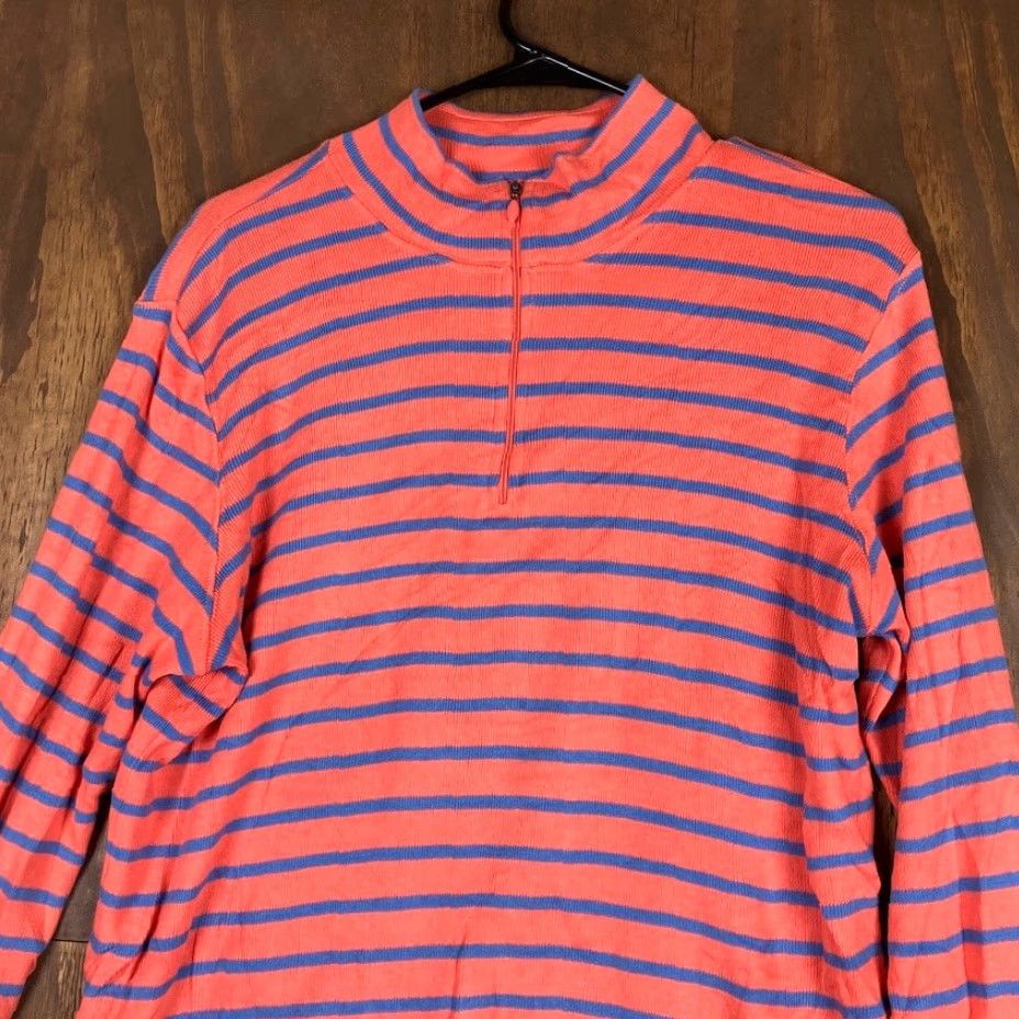 Vintage LL Bean Womens Sweater Orange Blue Stripe 1/4 Zip Long Sleeve 100% Cotton Large Size L / US 10 / IT 46 - 2 Thumbnail