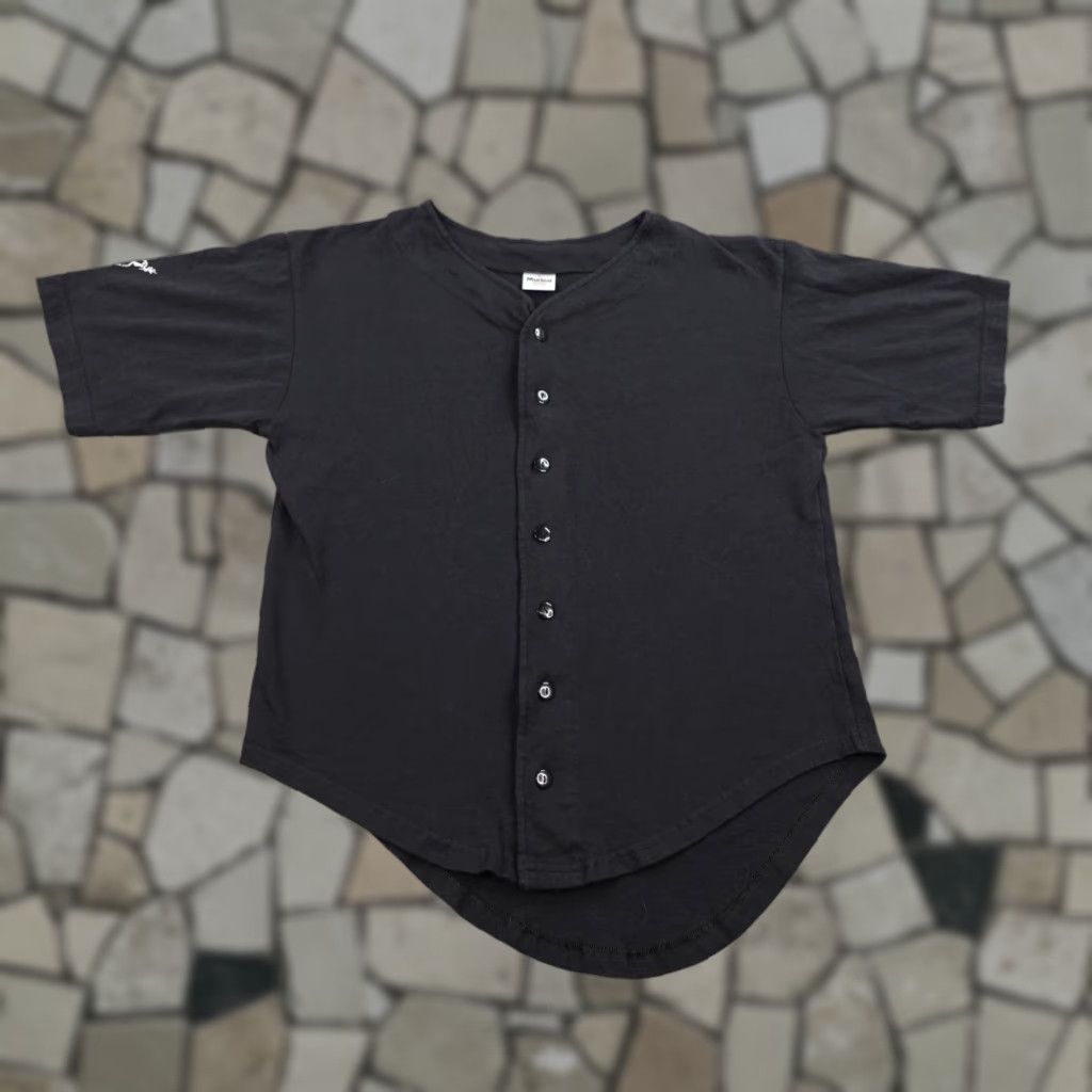 VINTAGE Murina Button-Up Shirt Medium Black Graphic Print Kanji Peace Dove 90s Mens