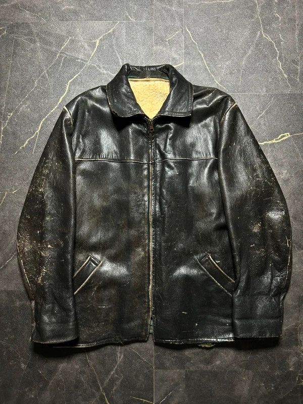 Vintage Distressed Leather Jacket Wool 60s 50s Retro vintage Size US L / EU 52-54 / 3 - 1 Thumbnail