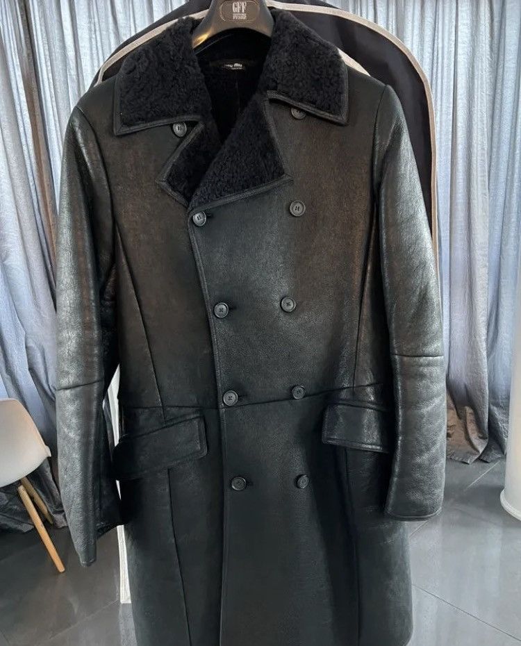 image of Miu Miu Shearling Double Breasted Fur Icelandic Sheep Coat in Black, Men's (Size Large)
