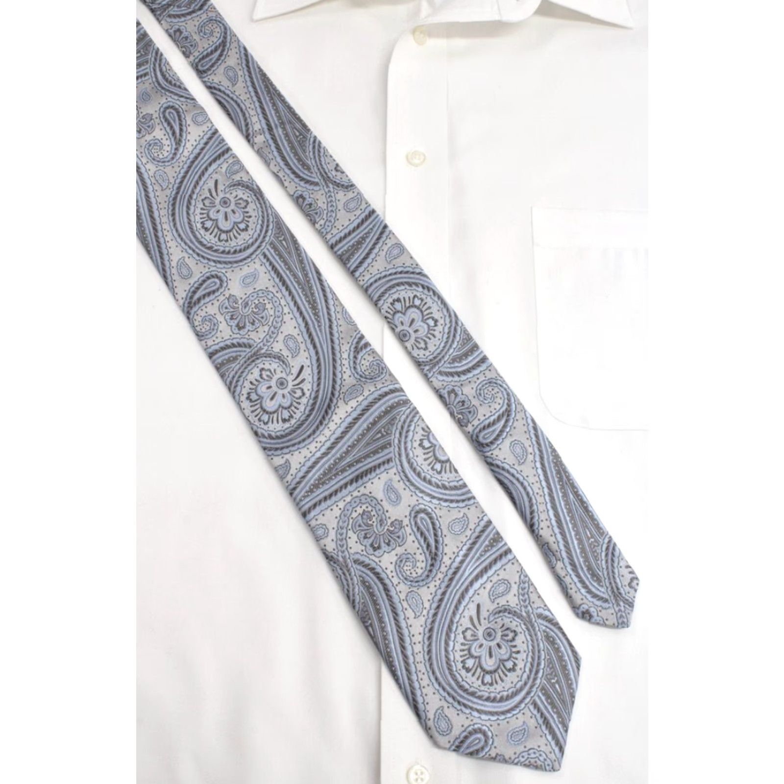 Vintage XMI Platinum Necktie Men's Silk Necktie Designer USA Paisley Silk Handmade Classic 57"-60" Silver Blue Gray Men’s Tie Size ONE SIZE - 3 Thumbnail