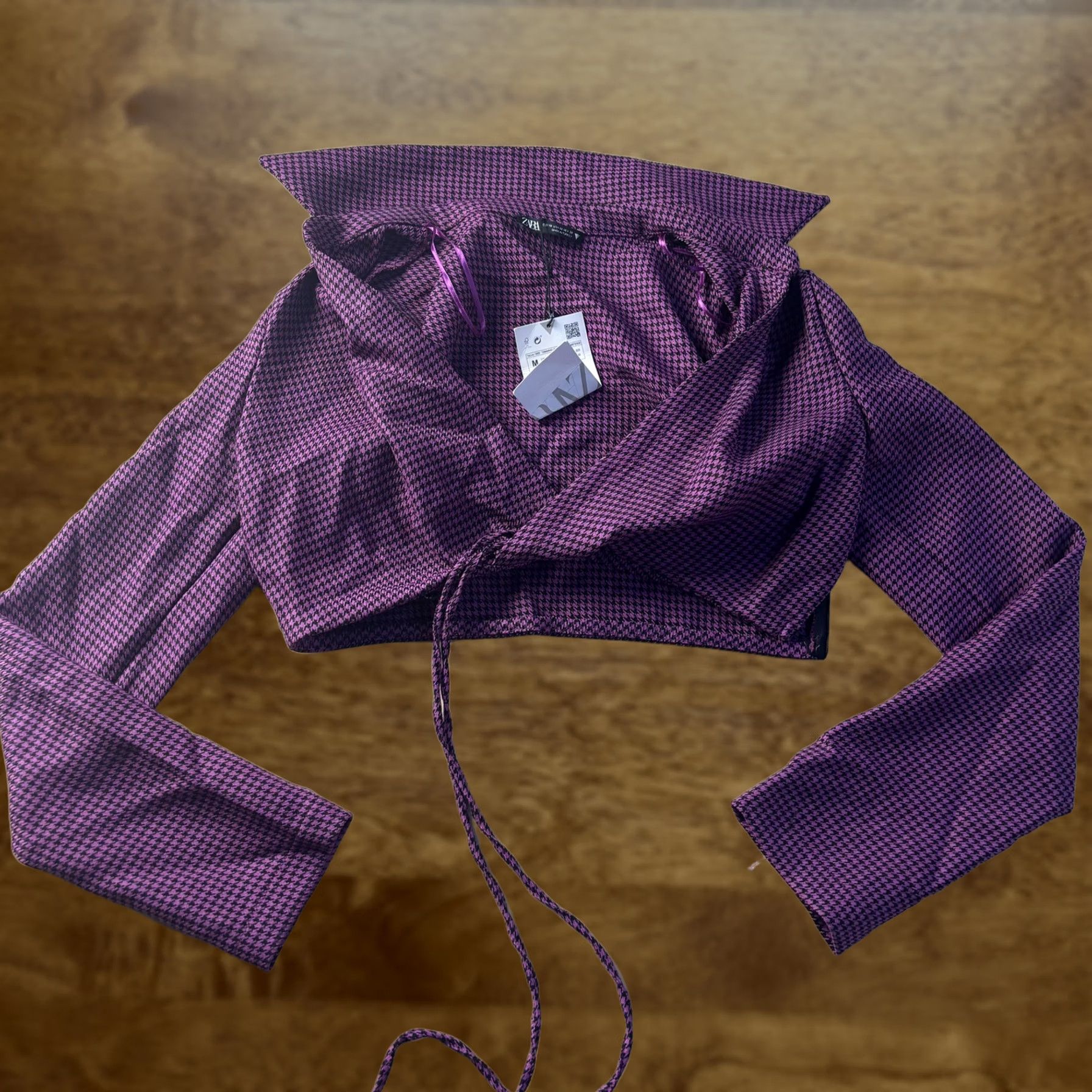 Zara Zara Womens Medium Purple Check Wrap Cropped Long Sleeve V Neck Tie Front Blouse Size M / US 6-8 / IT 42-44 - 1 Thumbnail