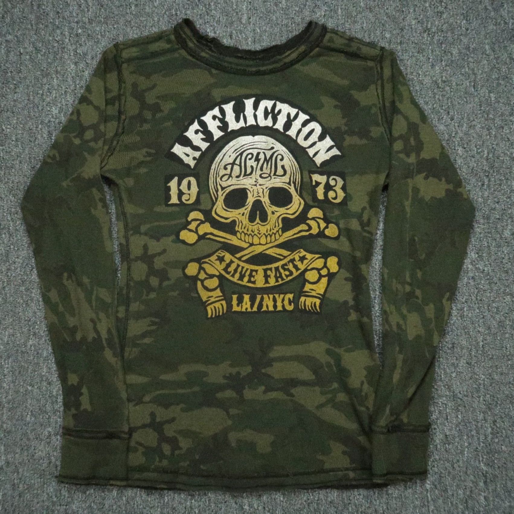 Affliction VINTAGE Affliction Pullover Womens Large Green Camo Reversible Crew Thermal Skull VTG Size L / US 10 / IT 46 - 5 Thumbnail