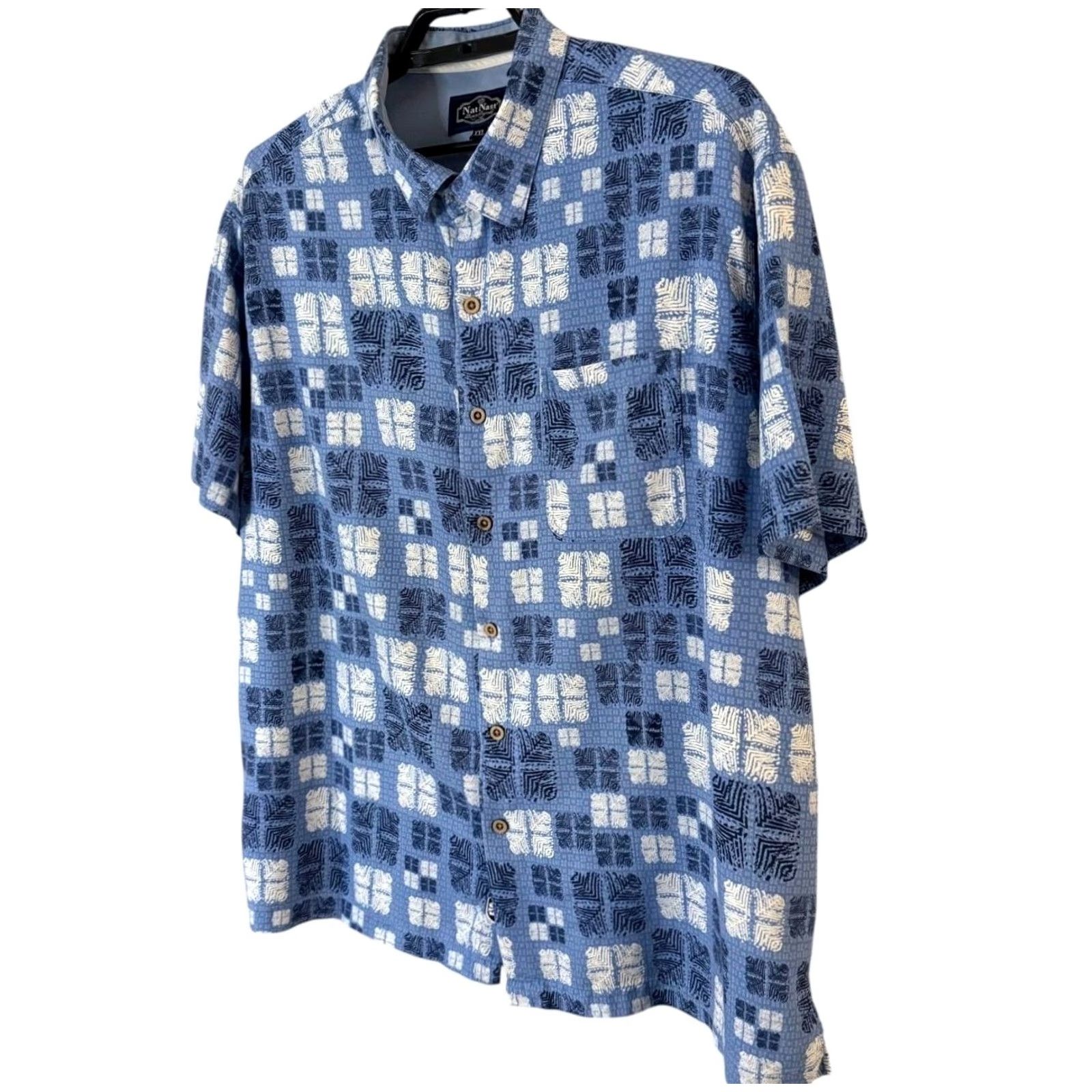 Nat Nast VINTAGE Nat Nast Luxury Originals Silk Button-Up Shirt Blue Hawaiian Geometric Shirt Mens XXL Geometric Beach Preppy Button-Up Size US XXL / EU 58 / 5 - 2 Thumbnail