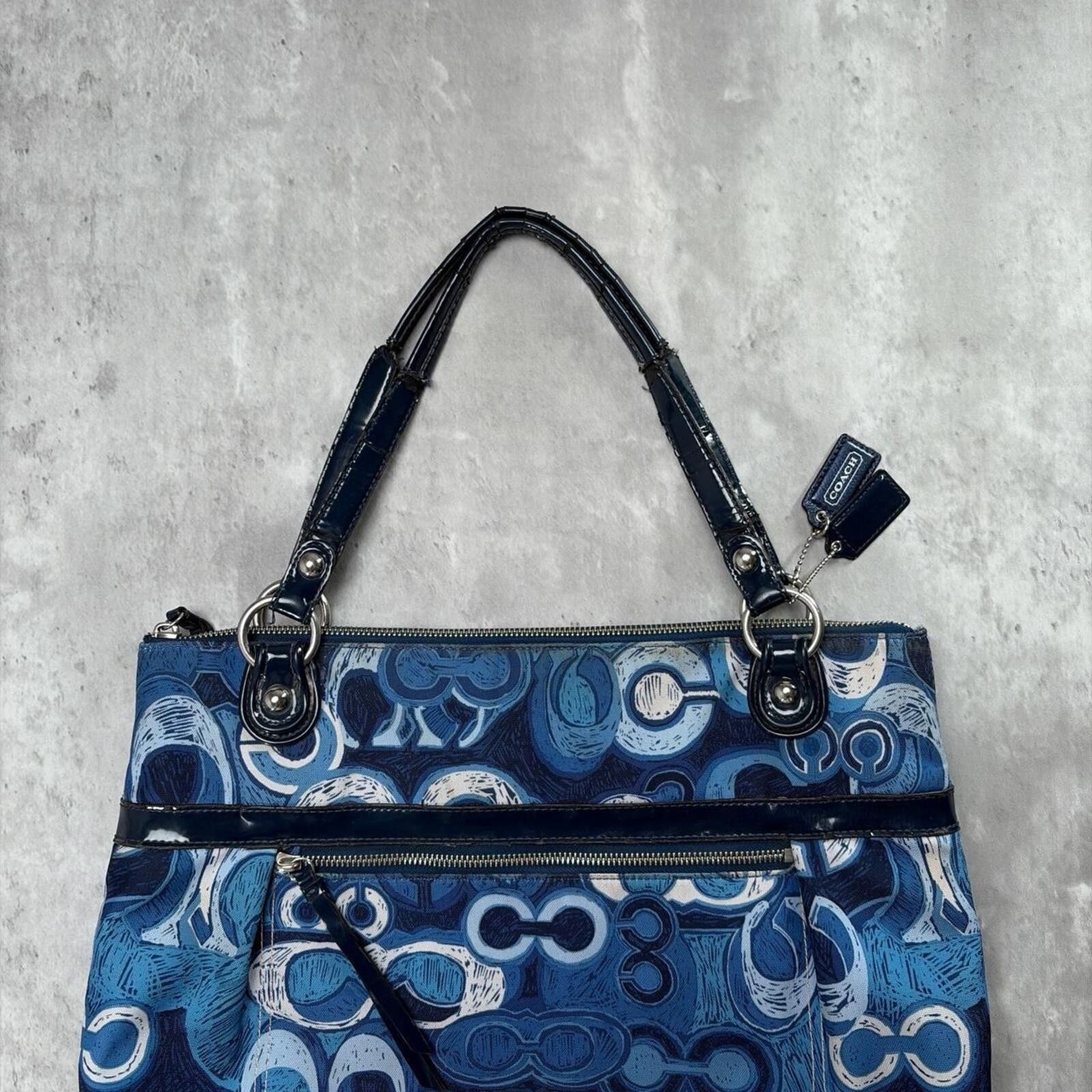 Y2K Coach Poppy Glam Denim Blue Op Art Signature Tote Bag