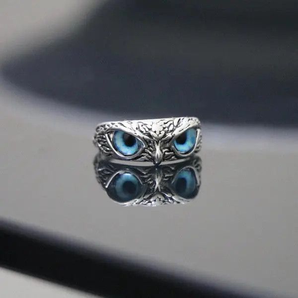 Jewelry Blue-Eyed Owl Ring, Gothic Jewelry, Adjustable Ring Size ONE SIZE - 1 Thumbnail