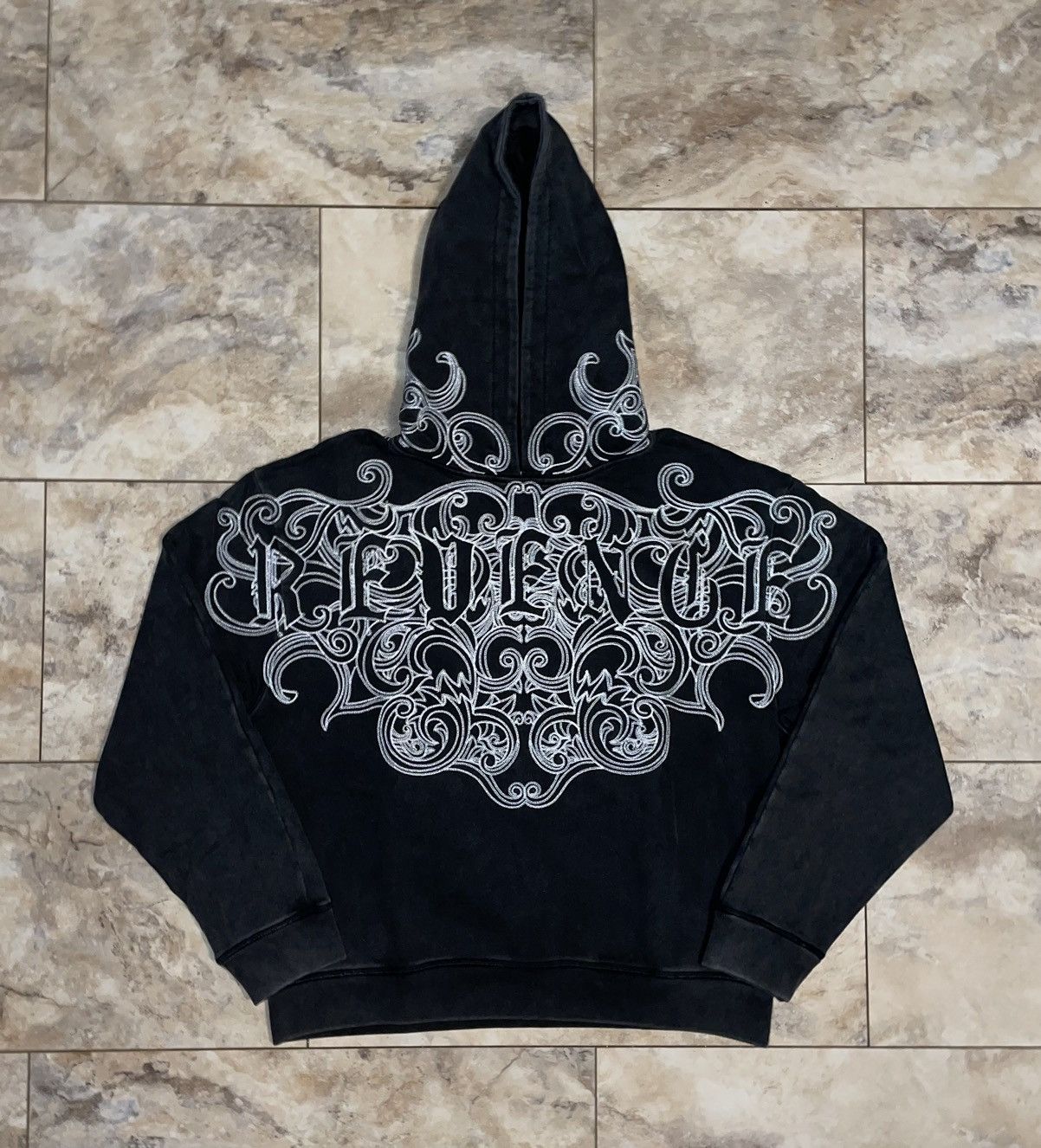 Revenge REVENGE CREST EMBROIDERED HOODIE DISTRESSED BLACK MEDIUM Grailed