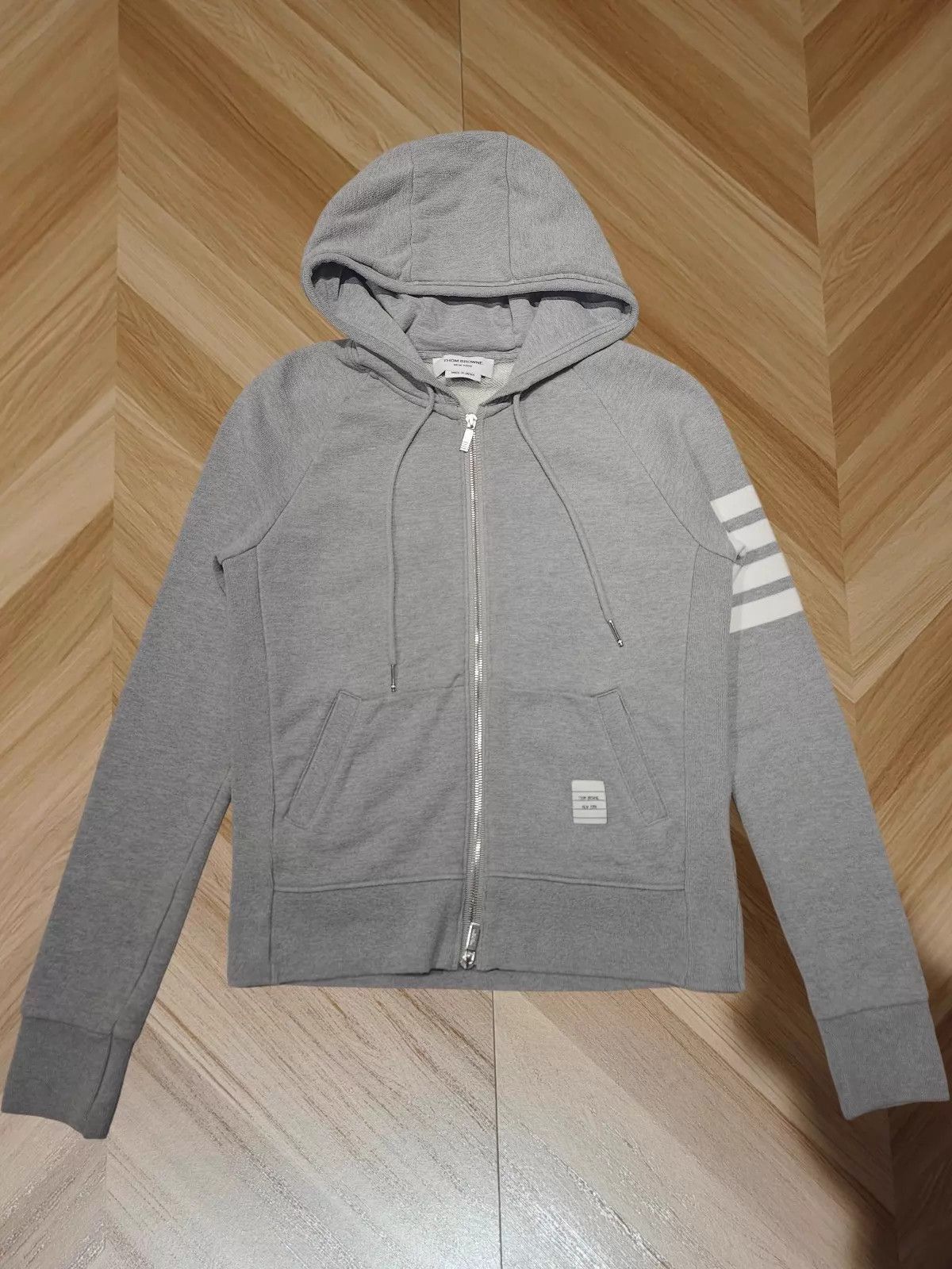 Thom Browne Gray Zip-Up Hoodie with Striped Sleeve Size US S / EU 44-46 / 1 - 1 Thumbnail