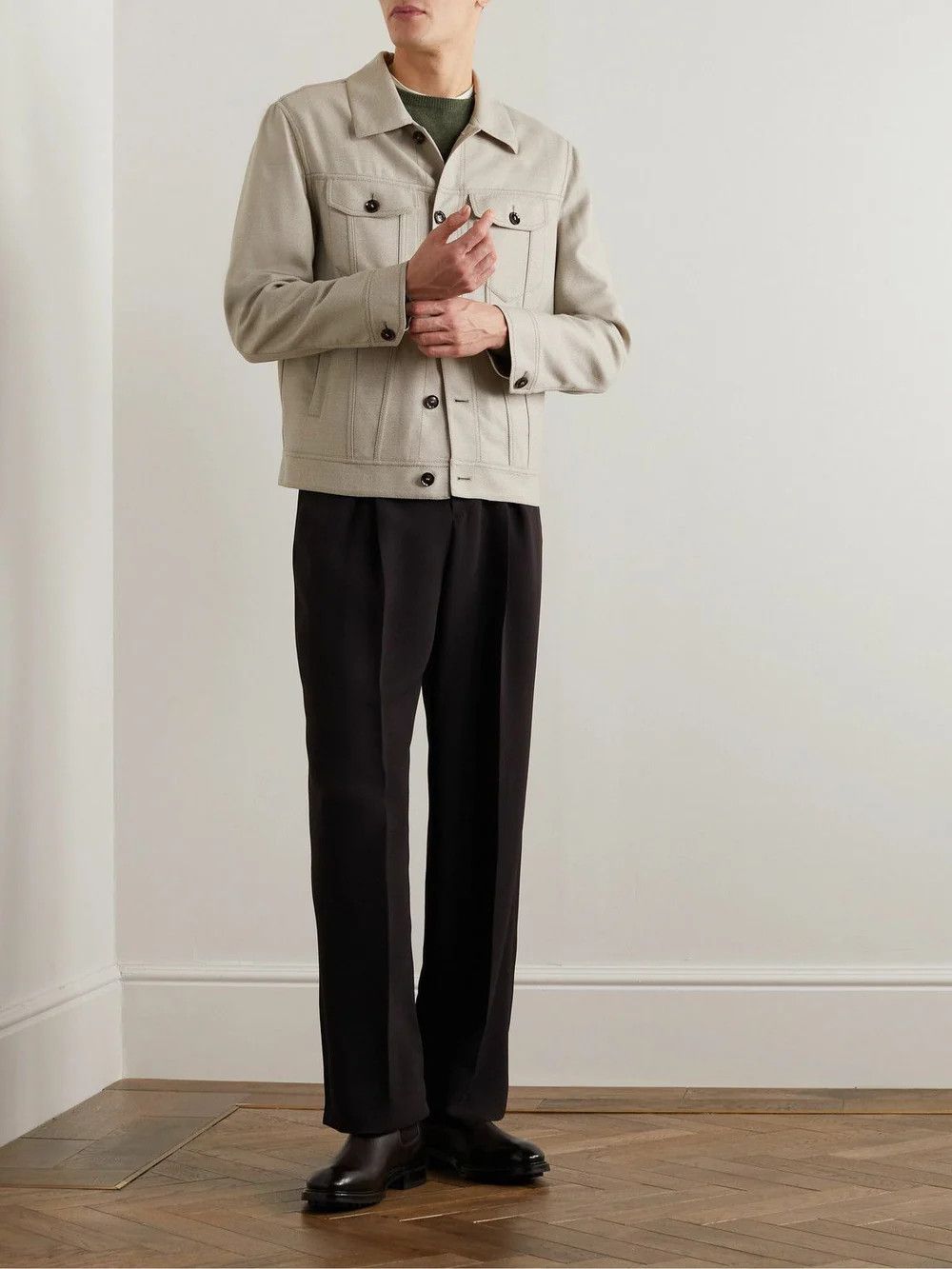 Brioni BRIONI Gray Virgin Wool Trucker Jacket "Neutrals" Size US XL / EU 56 / 4 - 9 Thumbnail