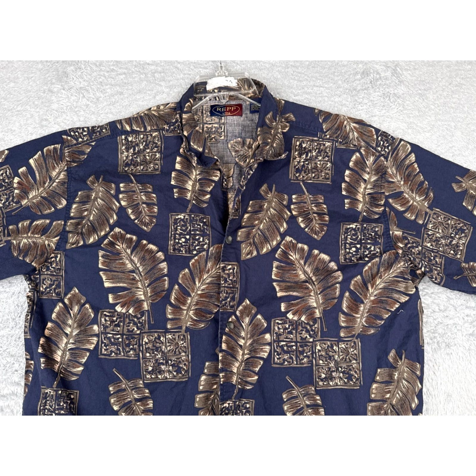 Vintage Repp Ltd Shirt Adult 2XL Blue Beige Floral Palm Tile Button Hawaiian Cotton Size US XXL / EU 58 / 5 - 6 Thumbnail