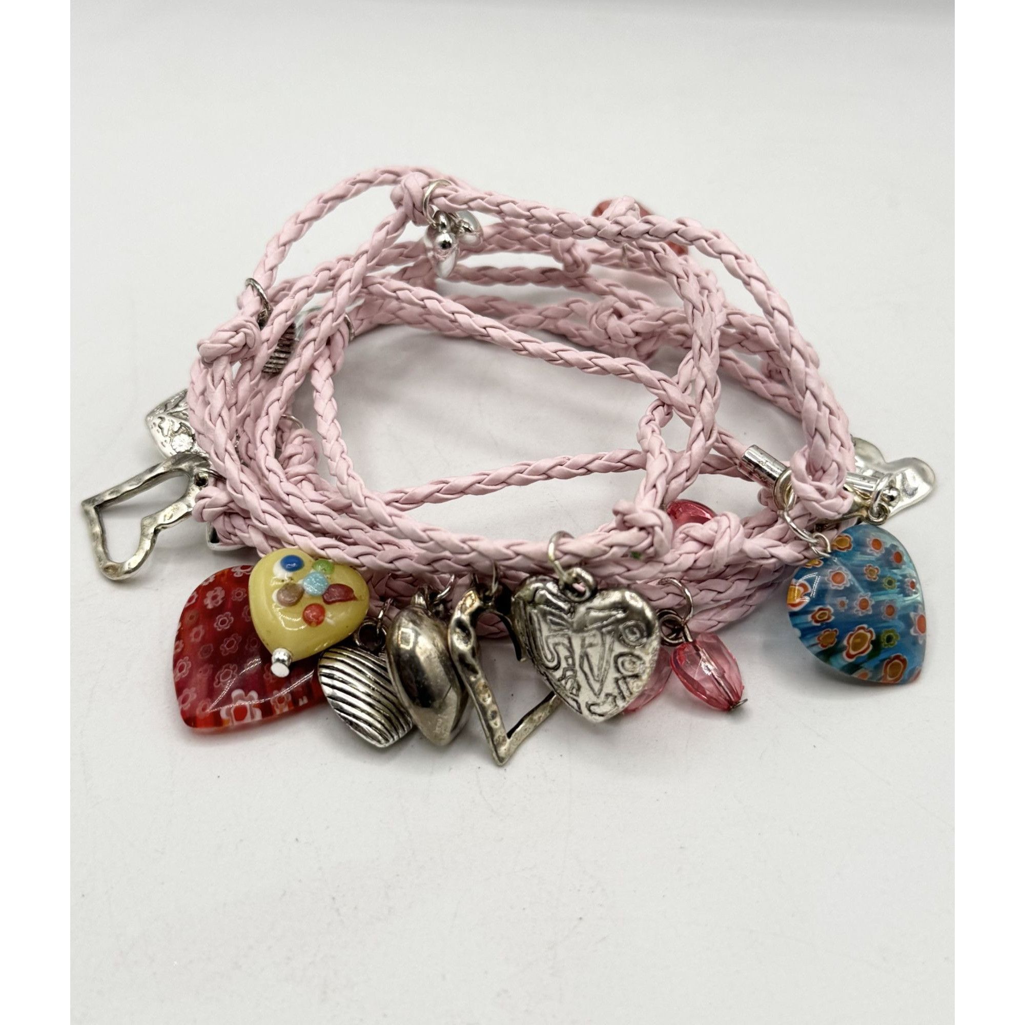 Other Pink braided leatherette Murano Art glass heart charm wrap b Size ONE SIZE - 1 Thumbnail
