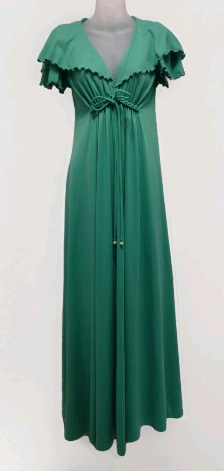 Handmade 70s Green Polyester Empire Waist Maxi Dress Flutter Sleeve M Size L / US 10 / IT 46 - 1 Thumbnail