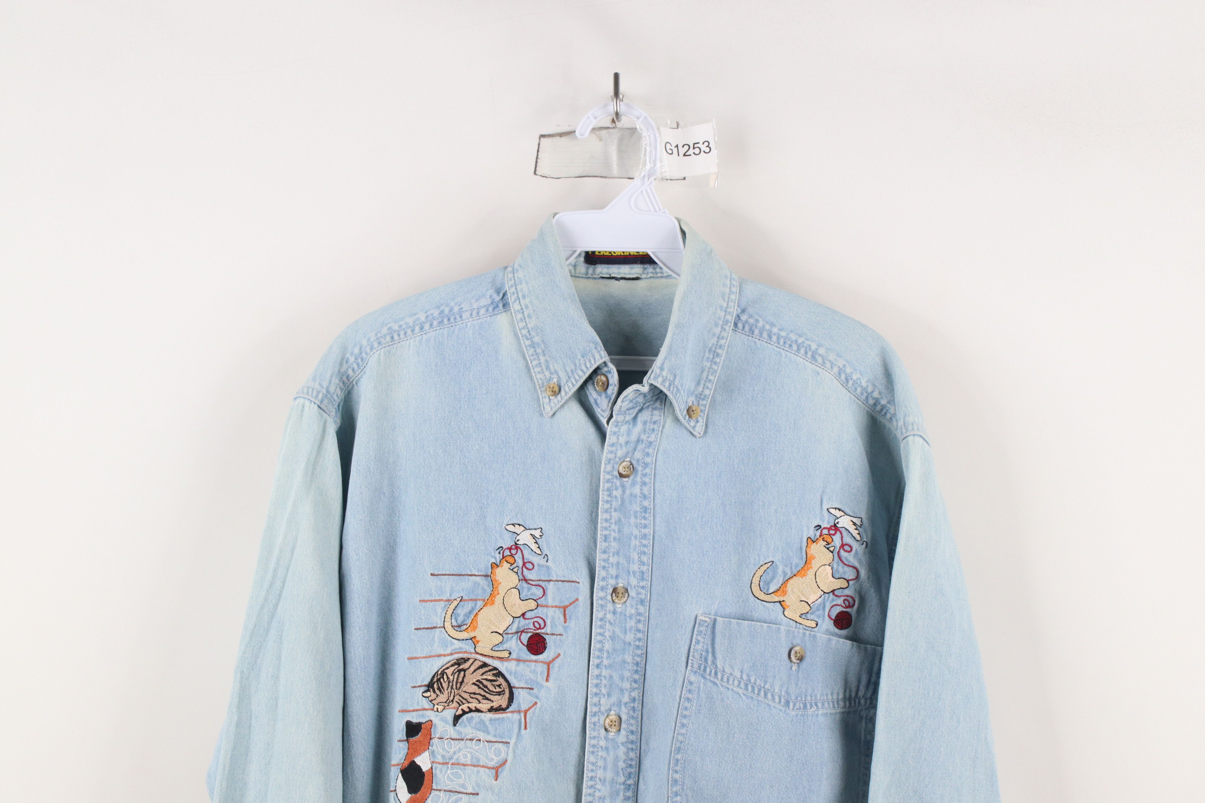 Vintage Vintage 90s Streetwear Cat Kitten Denim Jean Button Shirt Size L / US 10 / IT 46 - 2 Thumbnail
