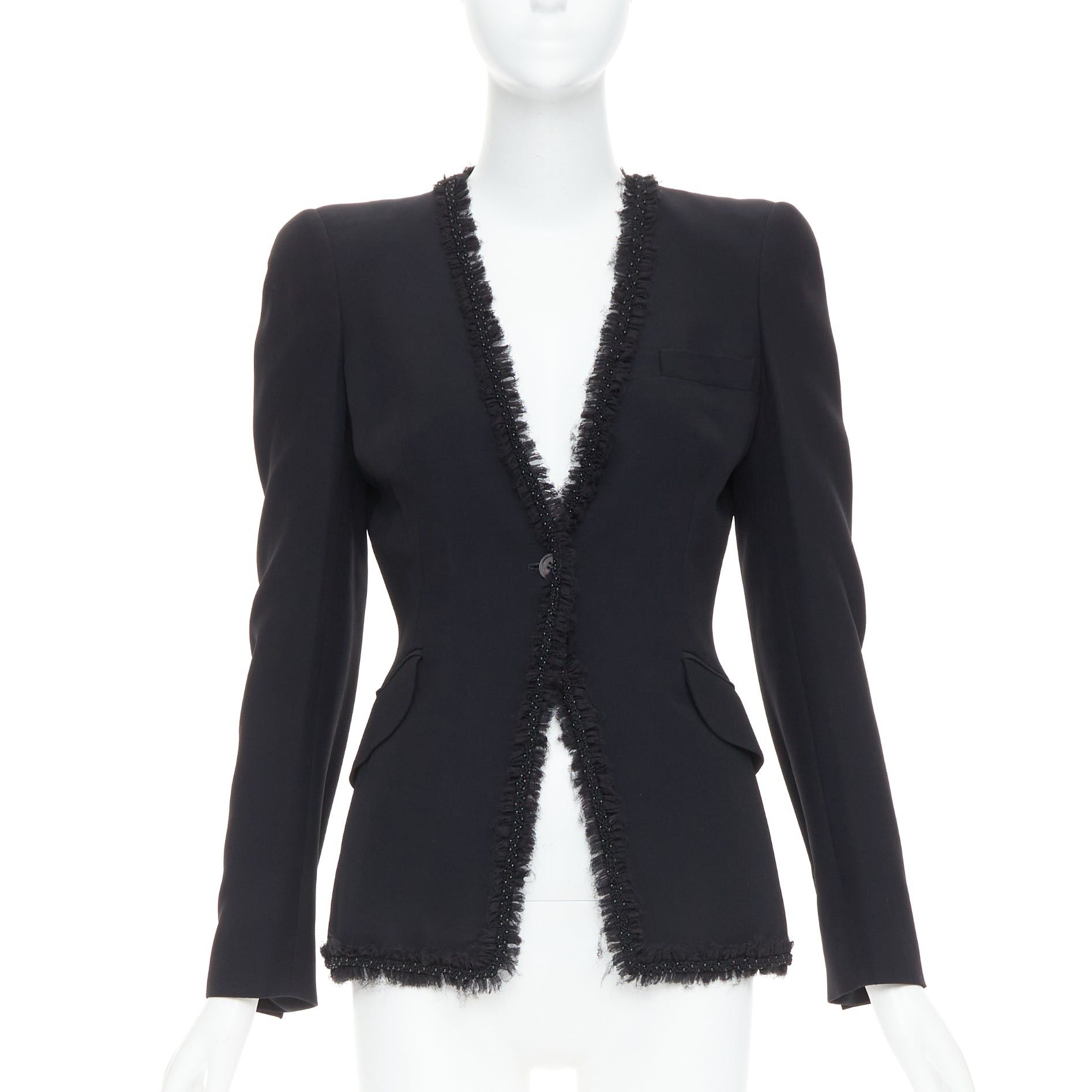 Alexander McQueen ALEXANDER MCQUEEN 2011 black beads frayed ruffle collar fitted blazer jacket IT40 S Size S / US 4 / IT 40 - 1 Thumbnail