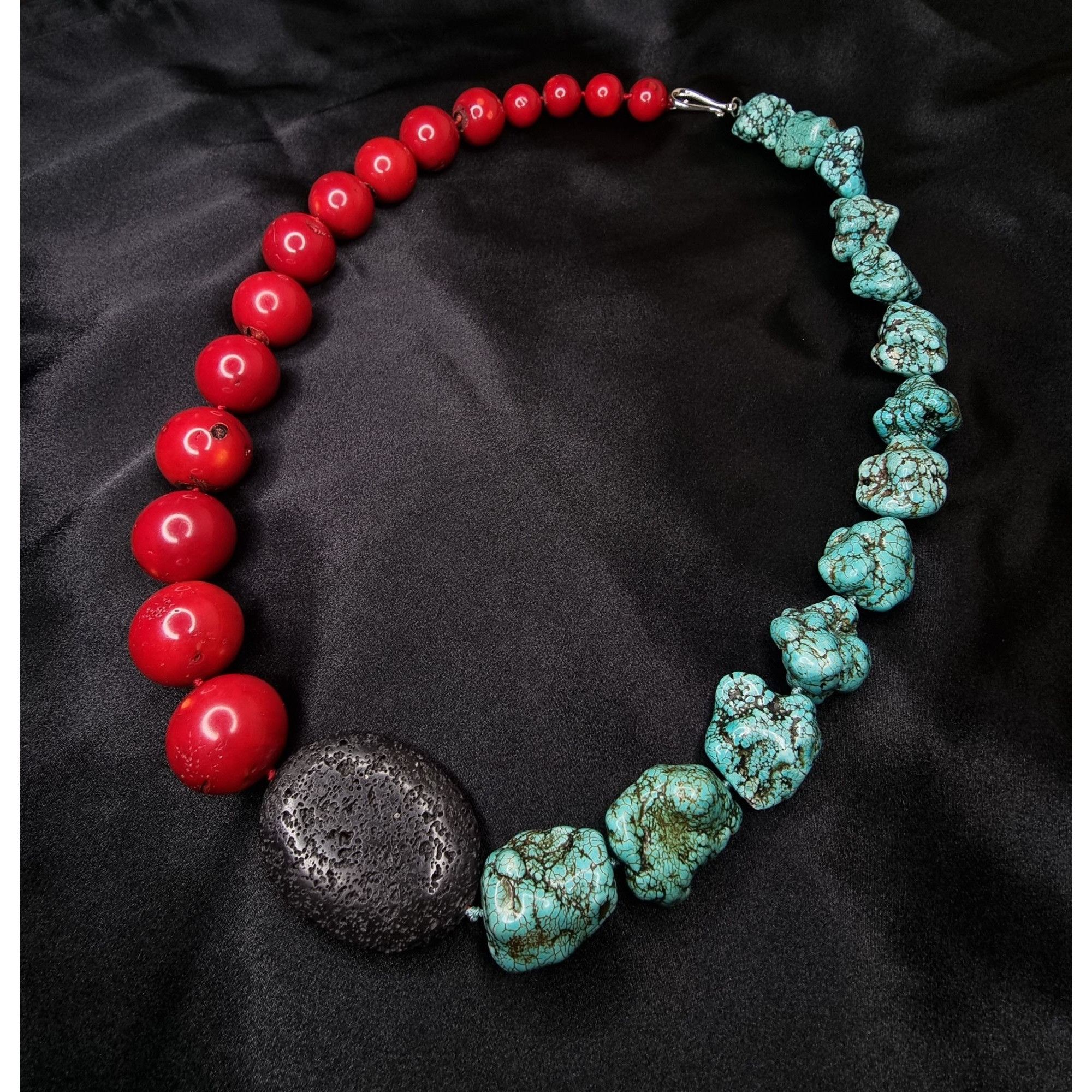 Vintage Large Genuine Coral & Turquoise Beaded Necklace With Black L Size ONE SIZE - 2 Thumbnail