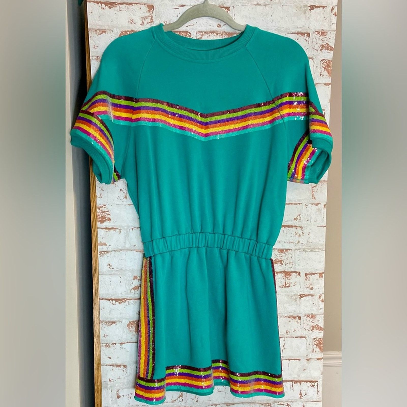 & Other Stories QUEEN OF SPARKLES Teal Mini Dress with Rainbow Stripes Size S / US 4 / IT 40 - 1 Thumbnail