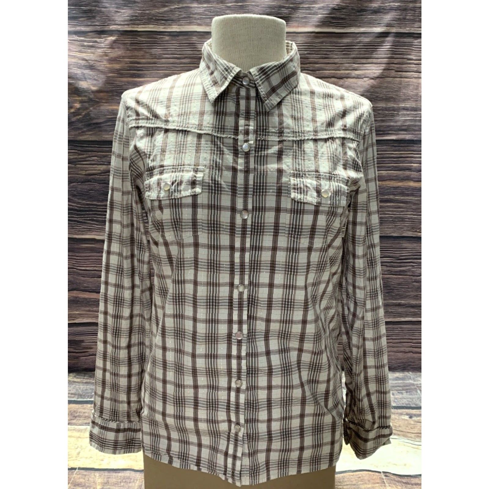 Old Navy Old Navy Pearl Snap Shirt Mens Regular M Brown White Plaid 2 Pockets Western Style Size US M / EU 48-50 / 2 - 2 Thumbnail