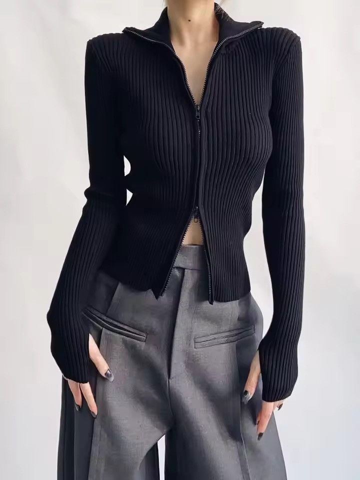 Japanese Brand 🔥 Sleek Ribbed Zip-Up Sweater | High Neck, Soft Polyester | Size S / US 4 / IT 40 - 1 Thumbnail