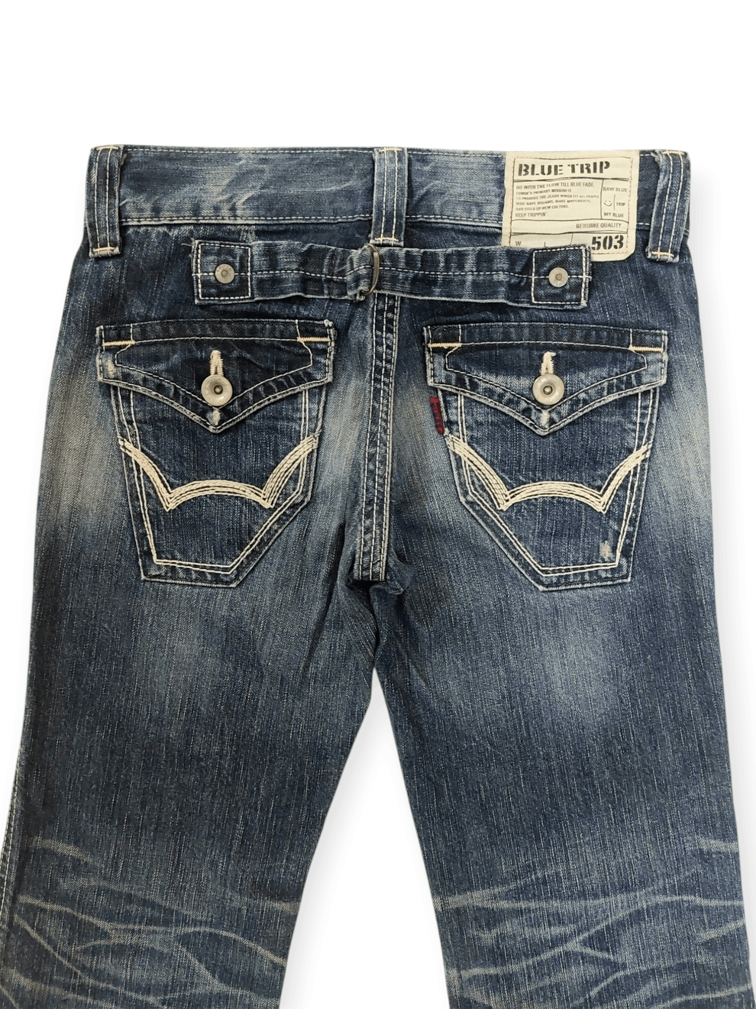 Edwin × Japanese Brand Flare Edwin 503 Blue Trip Buckle Back Denim Size 28" / US 6 / IT 42 - 12 Thumbnail
