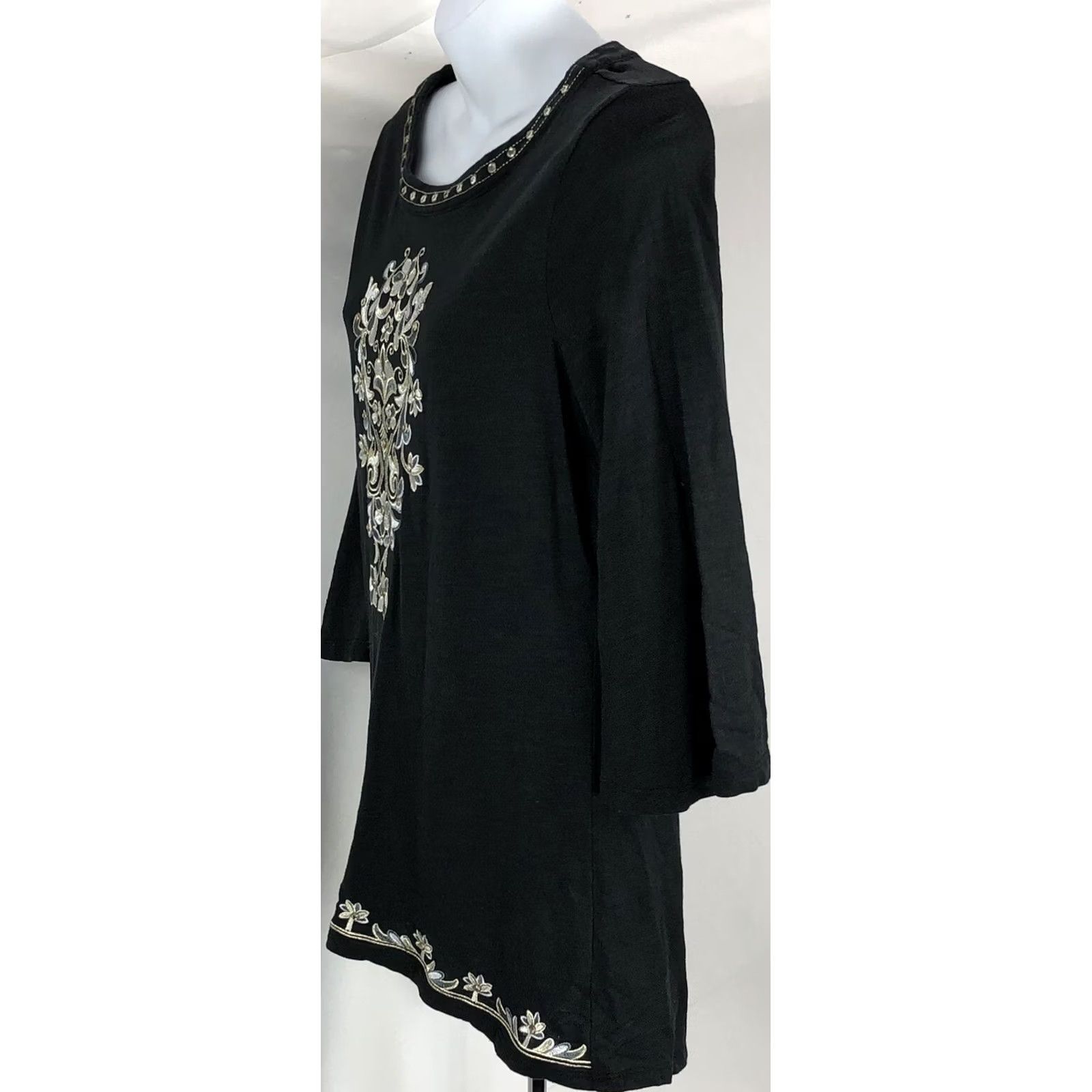 Vintage Kim Gravel Belle Tunic Top S Blk Gold Silver Embroidered 3/4 Flare Sleeve Blouse Womens Size S / US 4 / IT 40 - 2 Thumbnail