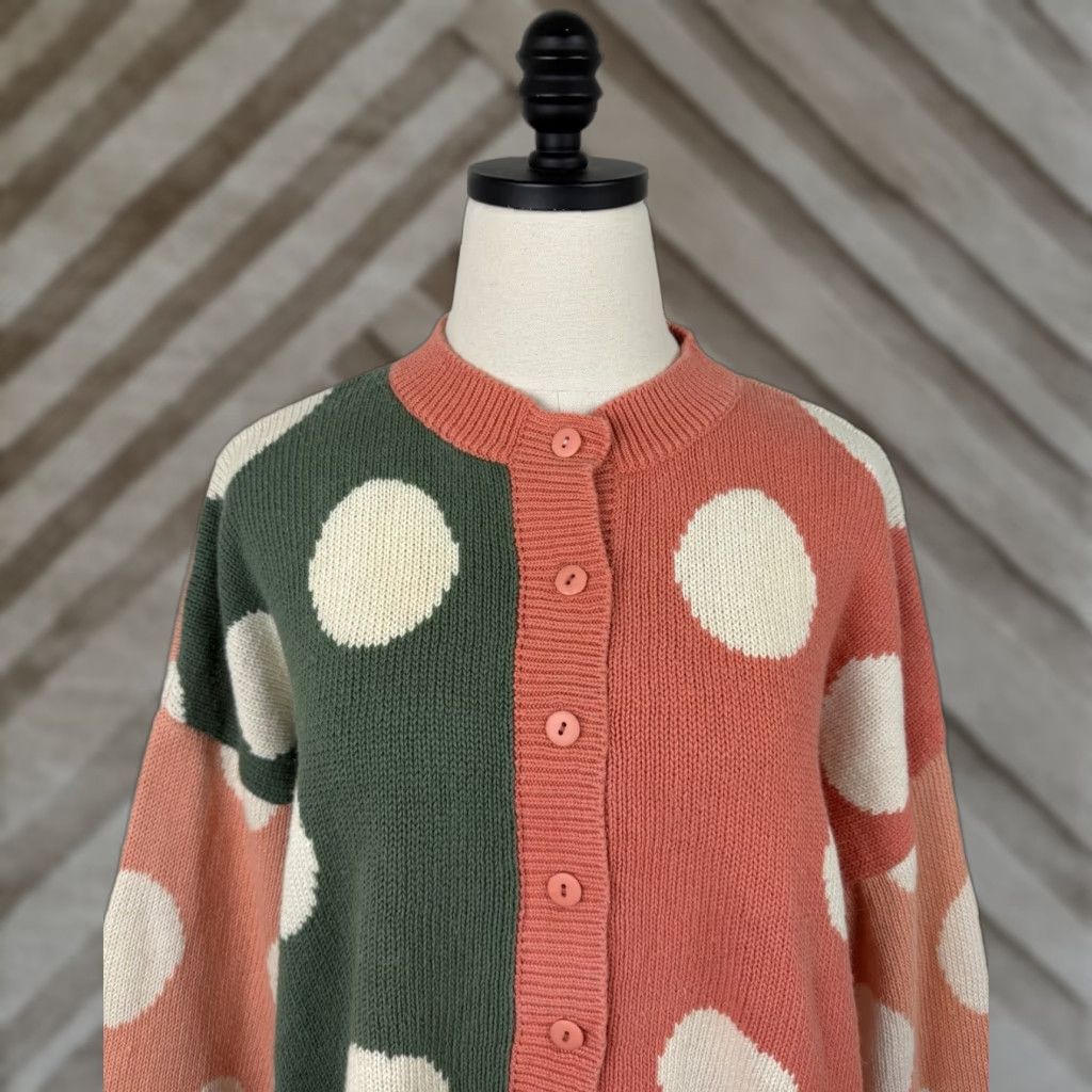 VINTAGE Cardigan Sweater Womens Medium Color Block Polka Dot Pink 90s Peach Mod 80s Bohemian Retro-Style Knit