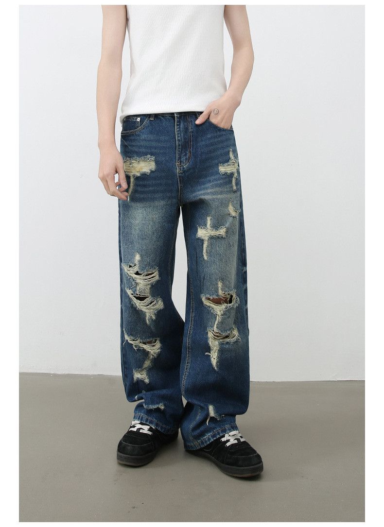 Japanese Brand American men's street retro vibe loose straight ripped jeans Size US 32 / EU 48 - 2 Thumbnail