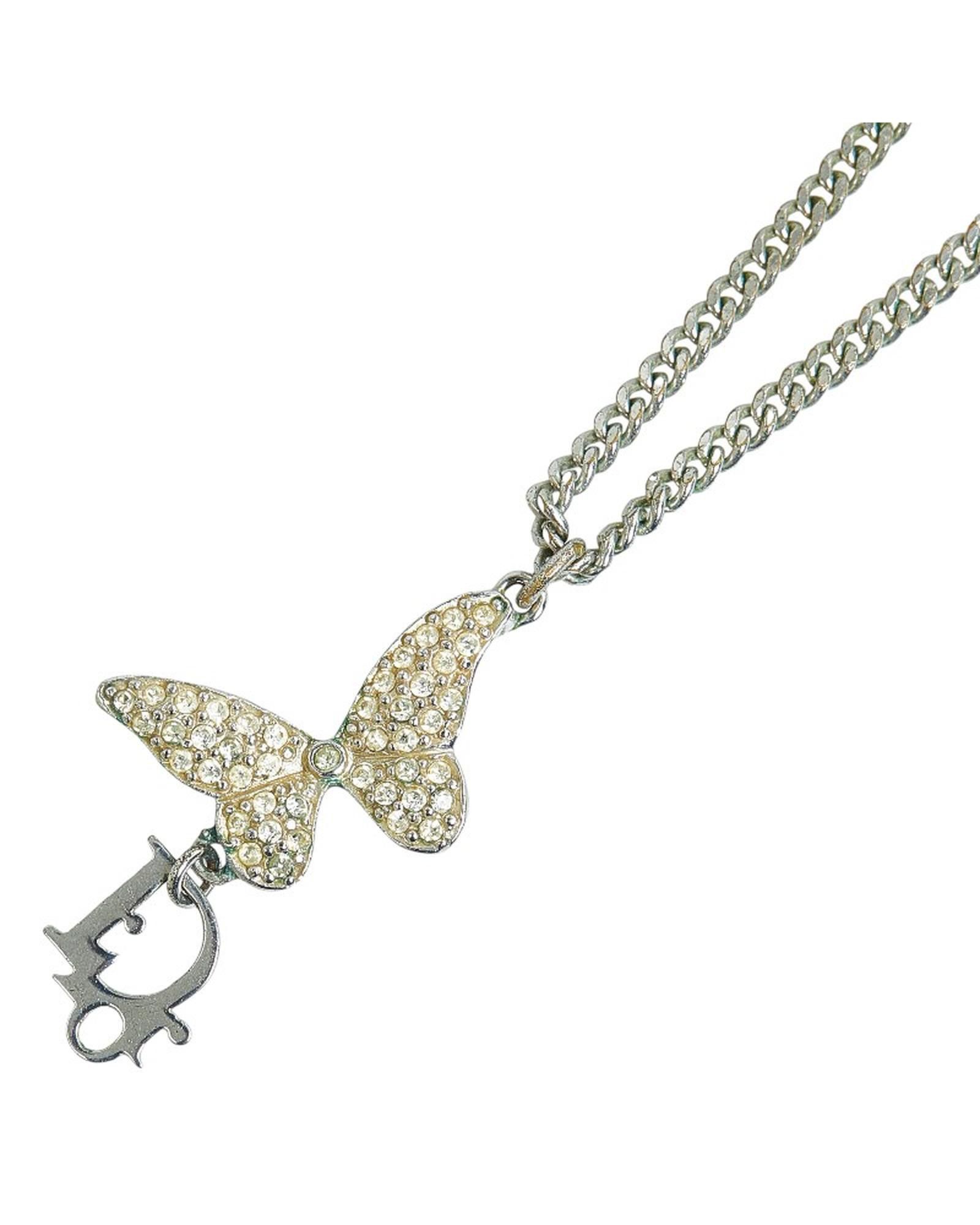 image of Dior Rhinestone Butterfly Pendant Necklace in Silver, Women's