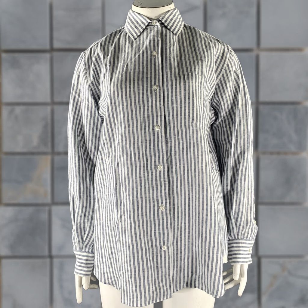 Loro Piana LORO PIANA Women Shirt Size 12 White Blue Flax Stripe Adult Size XL / US 12-14 / IT 48-50 - 1 Thumbnail