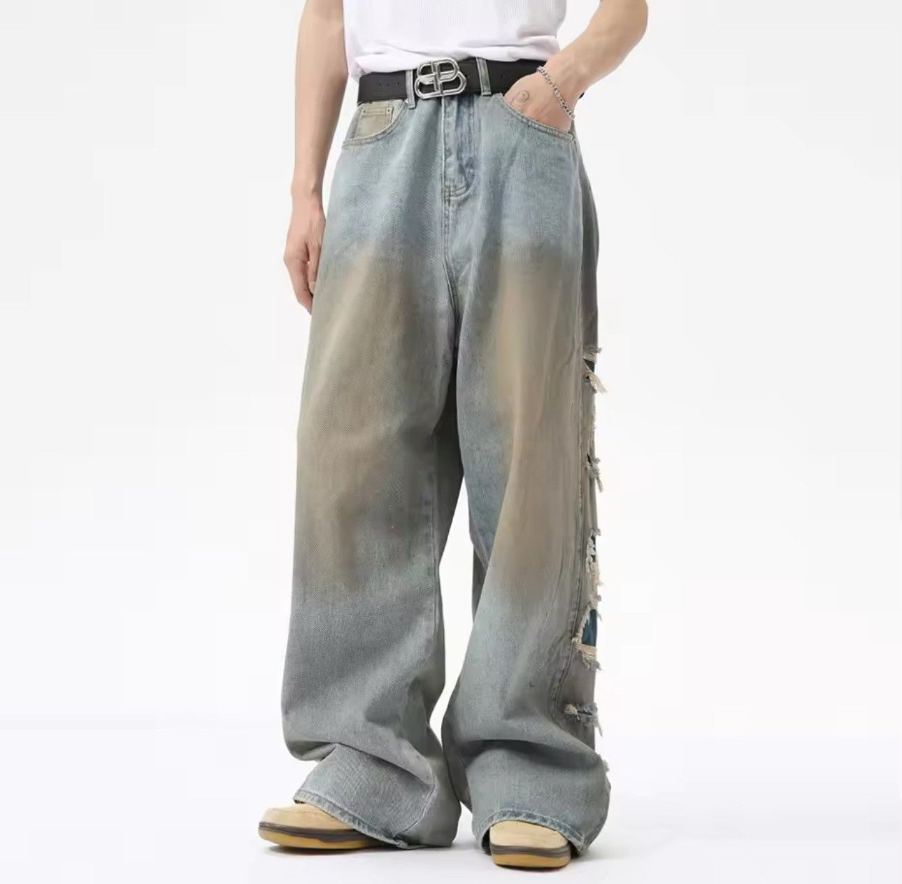 Designer × Vintage Streetwear Distressed Hole Loose Straight Jeans y2k Size US 29 - 4 Thumbnail
